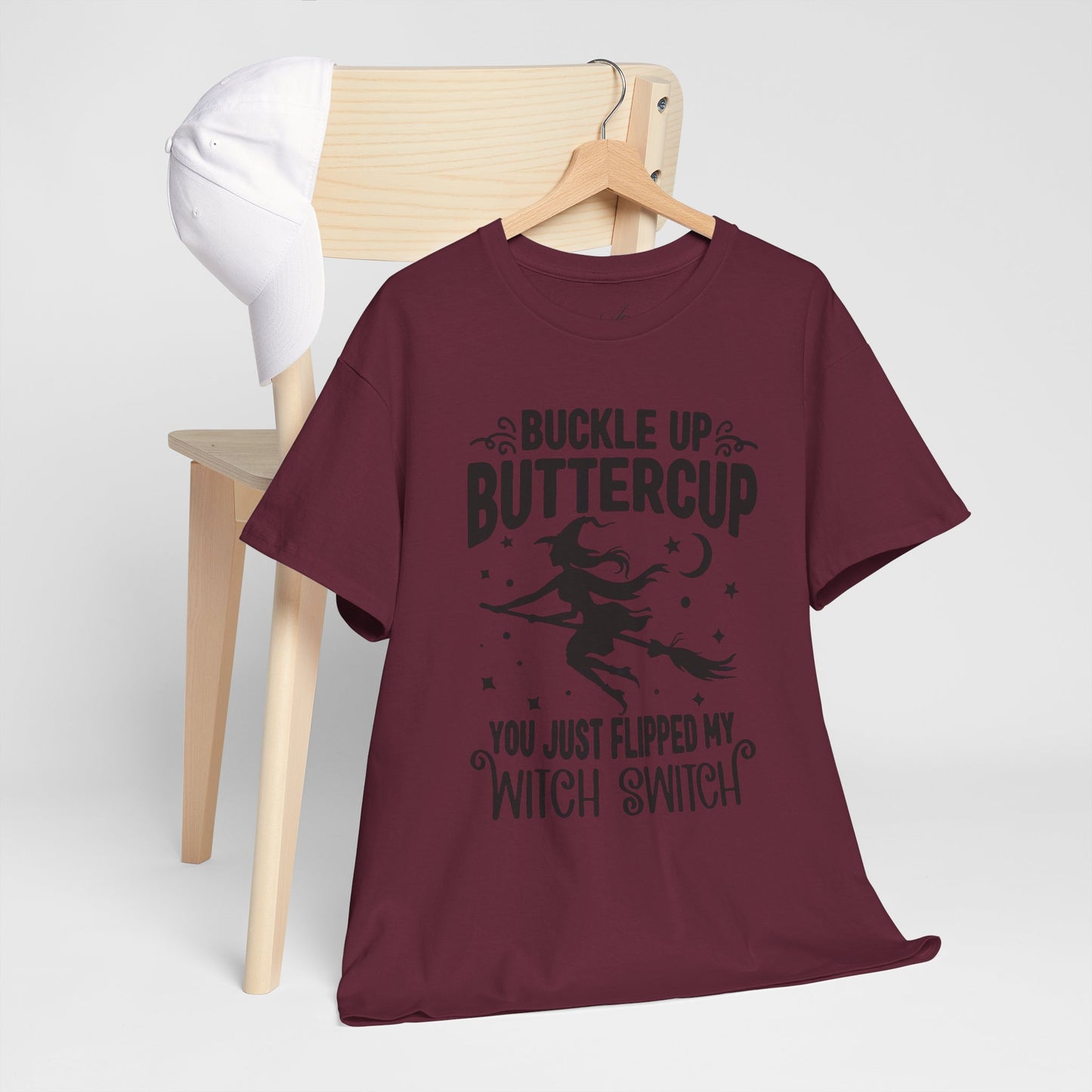 Witchy Humor Tee - Buckle Up Buttercup, Unisex Heavy Cotton Tee, Halloween Shirt, Casual Wear, Gift for Her, Funny T-Shirt