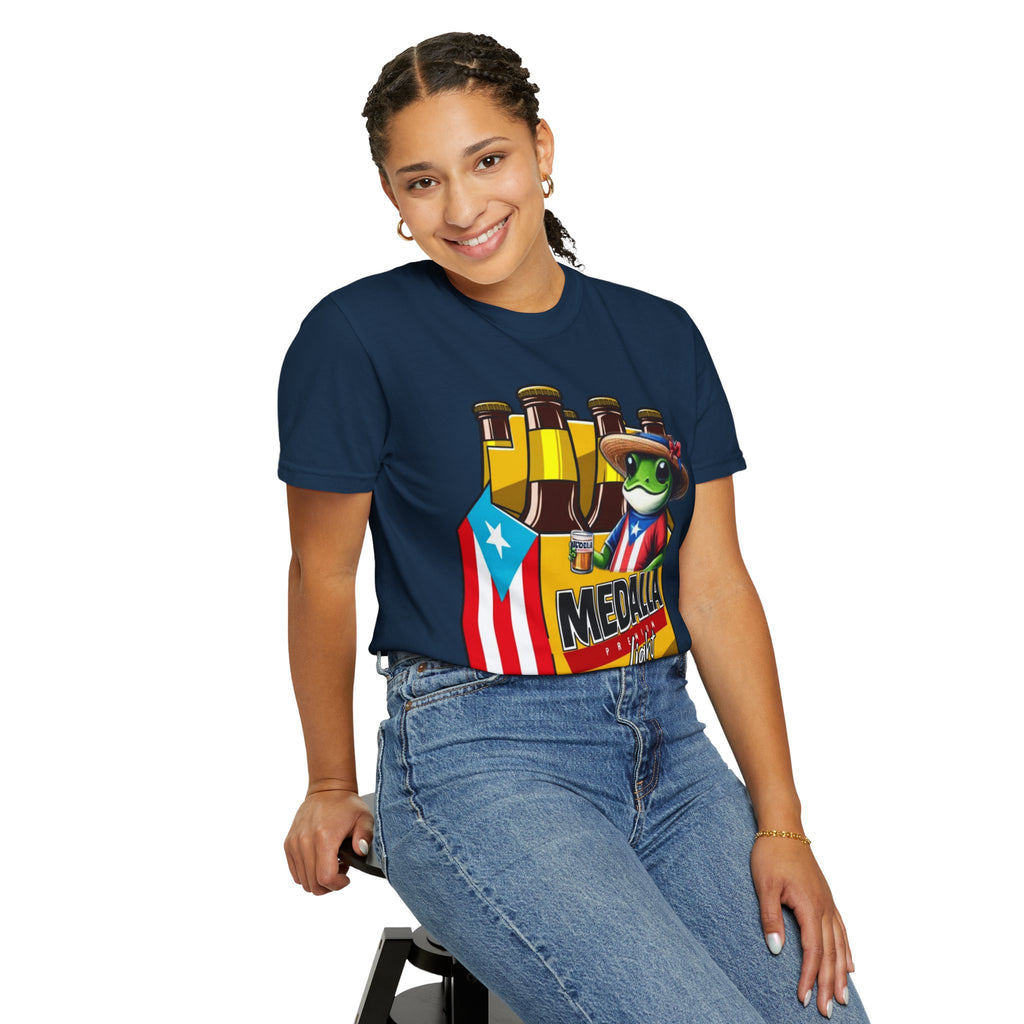 Medalla Light Puerto Rican Beer T-Shirt Coqui Frog Mascot Six-Pack Graphic Tee Puerto Rico’s Navidades