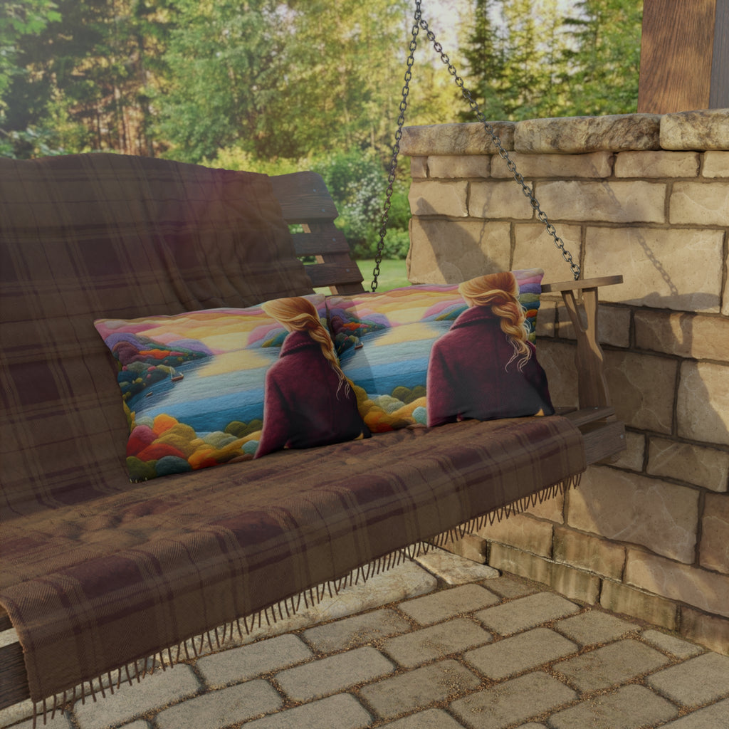 Scenic Lakeview Outdoor Pillow — Woman Overlooking Colorful Sunset Landscape
