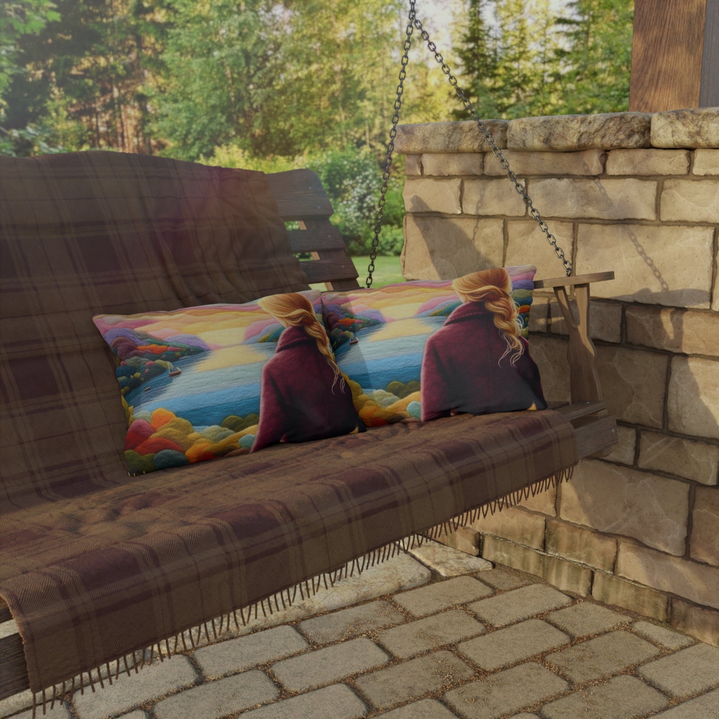 Scenic Lakeview Outdoor Pillow — Woman Overlooking Colorful Sunset Landscape