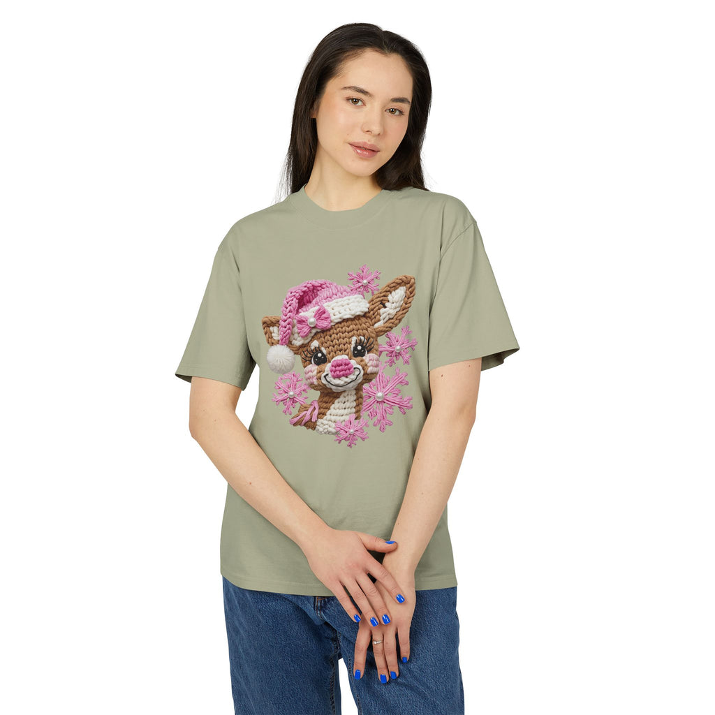 Cute Reindeer Tee — Pink Santa Hat & Snowflakes Holiday T-Shirt  cartoon-style Christmas artwork
