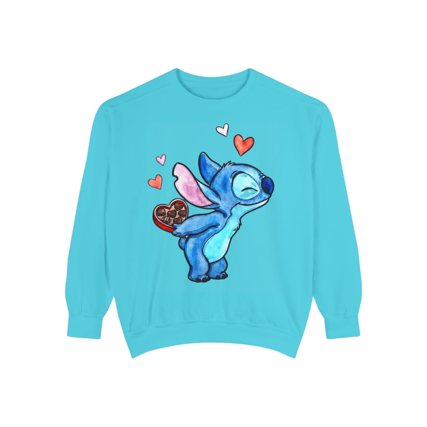 Stitch Valentine Sweatshirt — Cute Blue Alien with Hearts & Chocolate Pocket