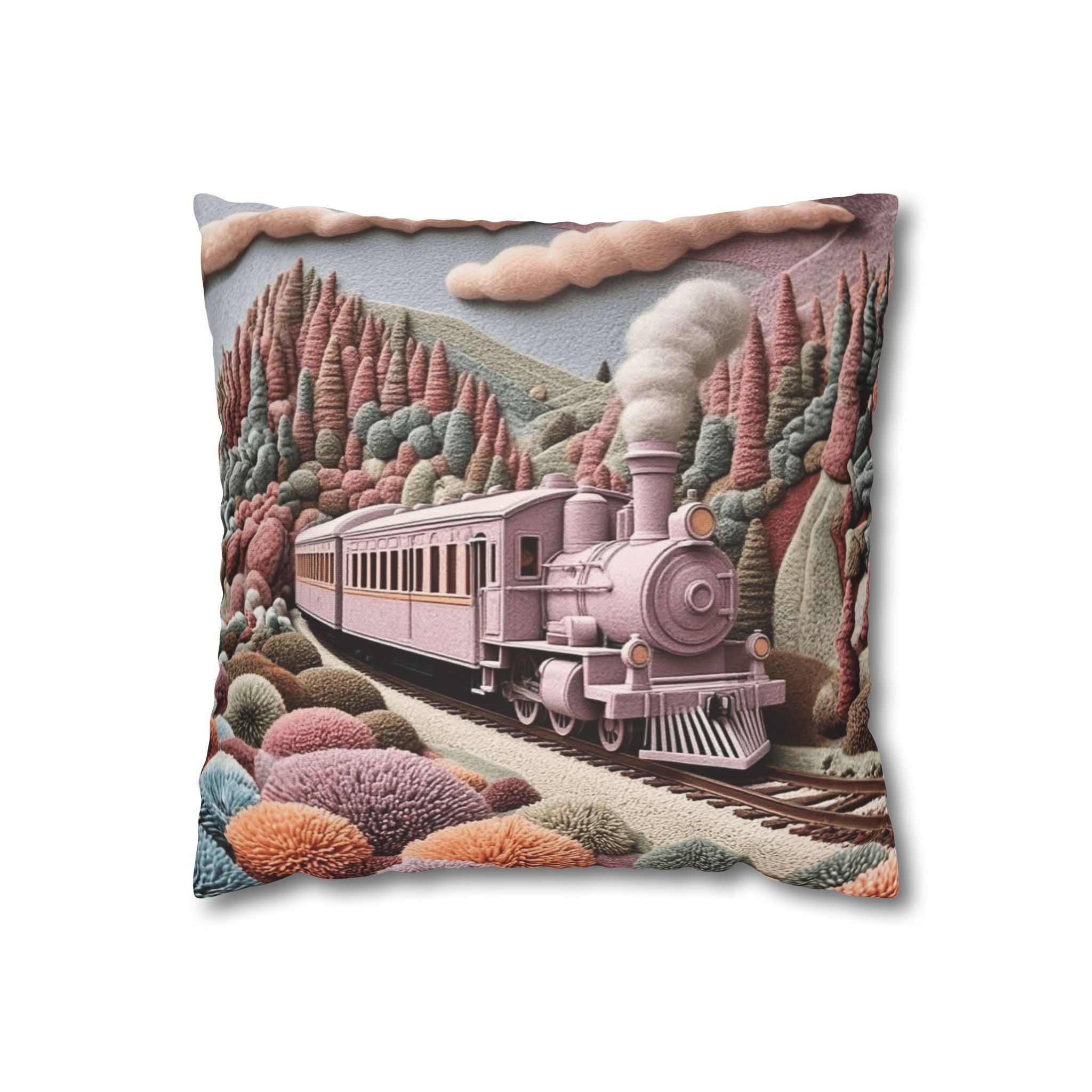 Vintage Pink Train Decorative Pillow – Whimsical Scenic Throw Pillowcase