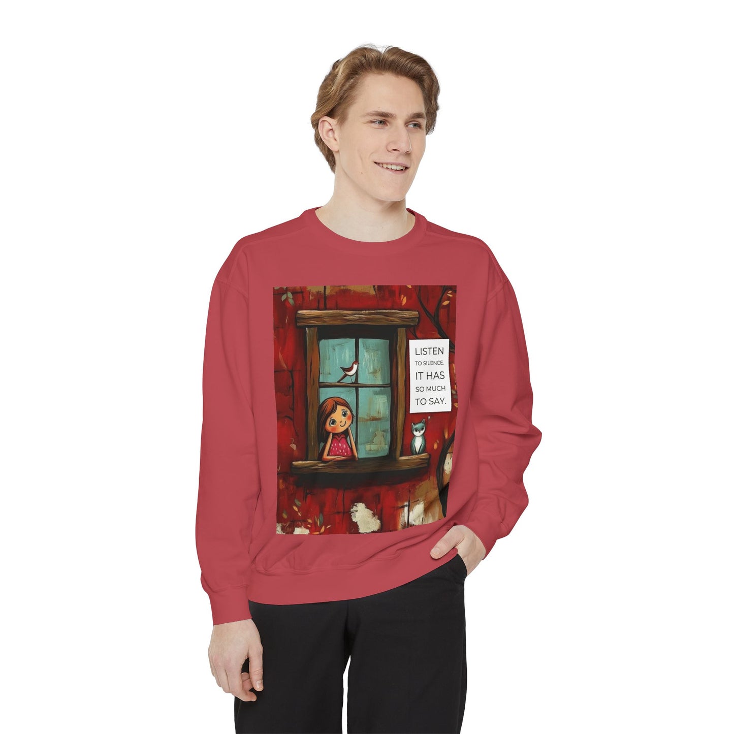 Cozy Window Scene Sweatshirt  "Listen, It Has So Much to Say" Graphic
