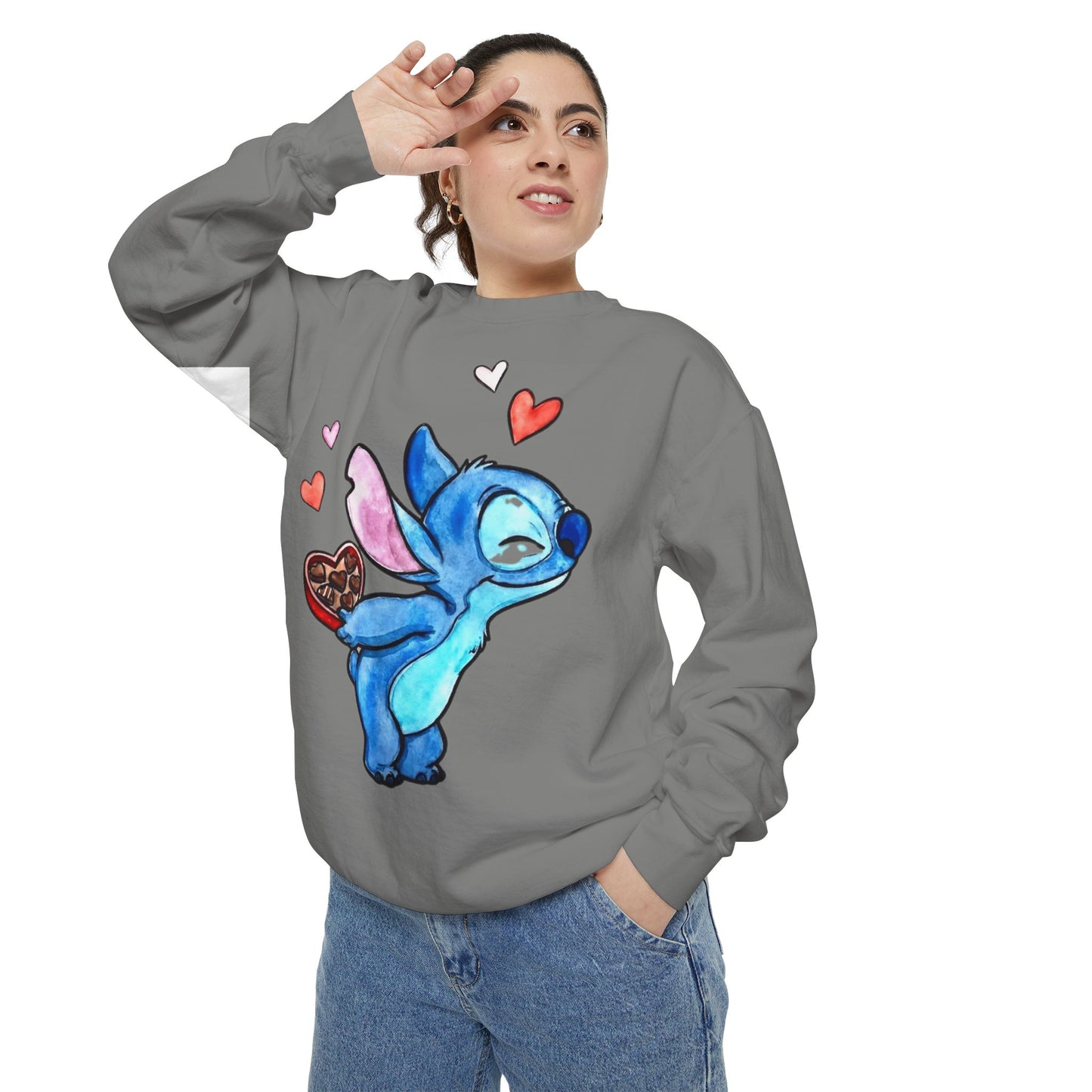 Stitch Valentine Sweatshirt — Cute Blue Alien with Hearts & Chocolate Pocket