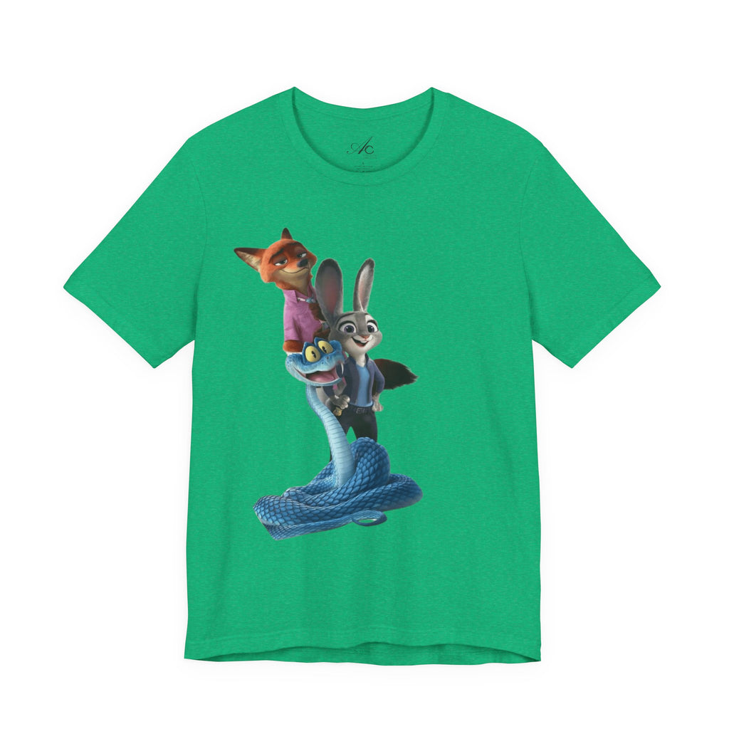 Animated Character Tee — Cute Fox & Bunny Stack Graphic T-Shirt  cartoon-style Christmas artwork