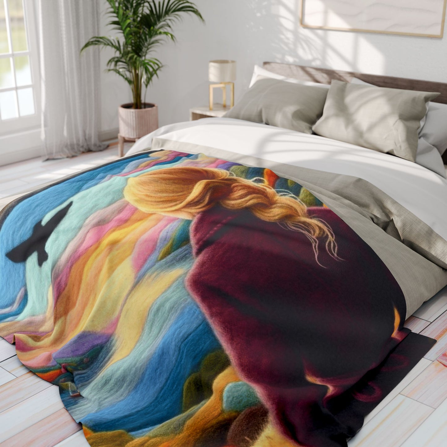 Scenic Girl Fleece Blanket — Cozy Sunset Landscape Throw