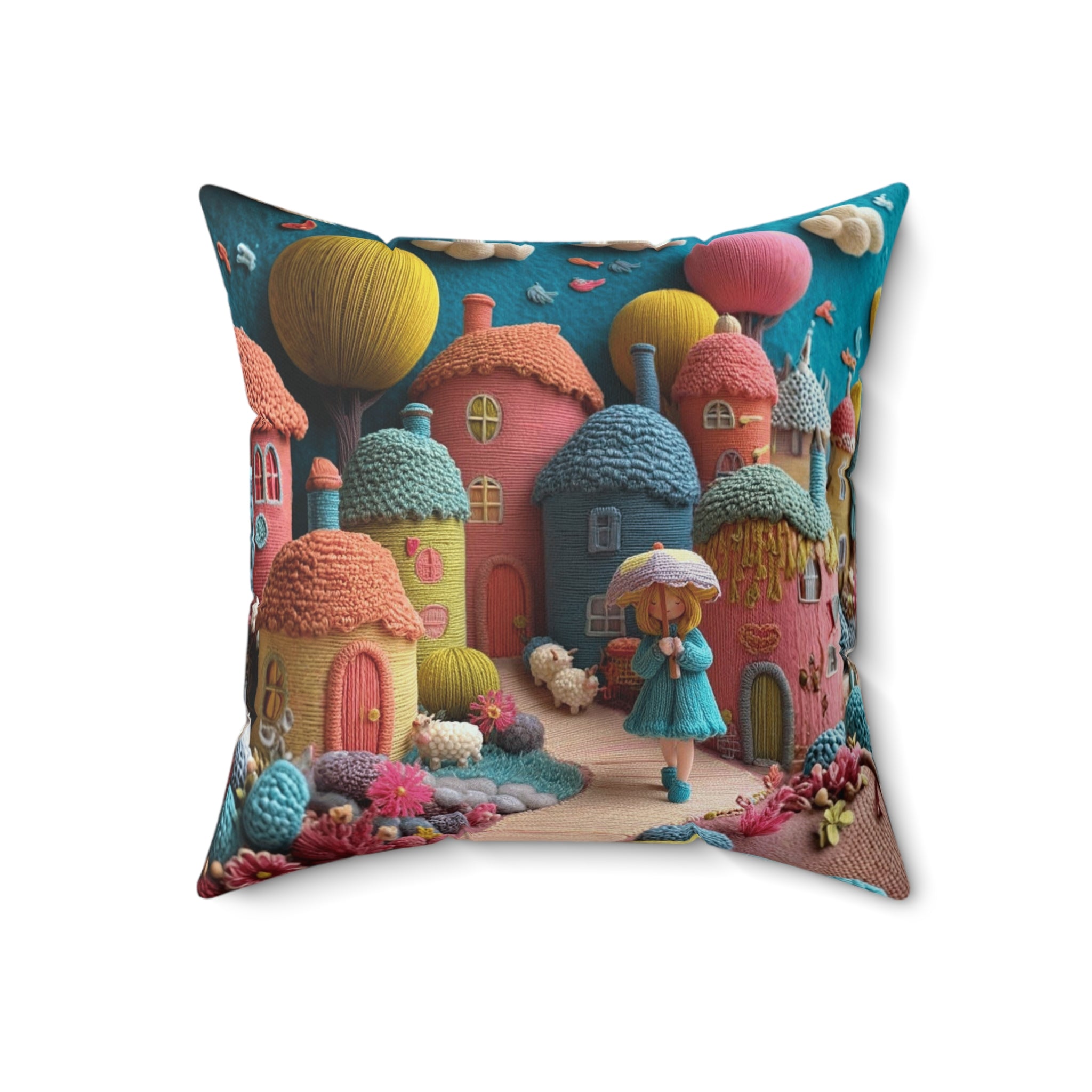 Whimsical Candy Village Throw Pillow — Colorful Knitted Cottage Decorative Cushion