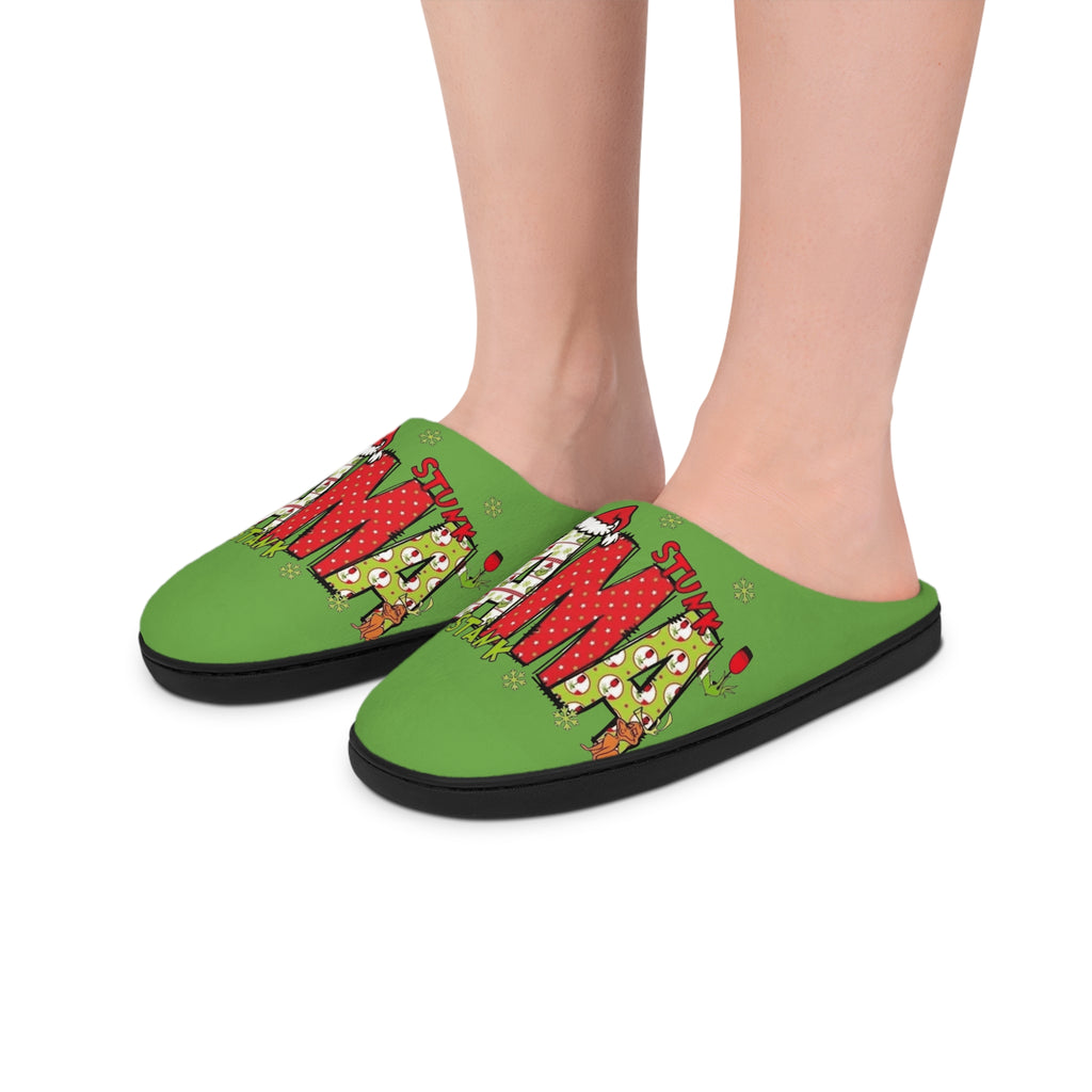WOMAN Holiday Slippers — Green 'Team Mom Santa' Cozy Indoor House Shoes