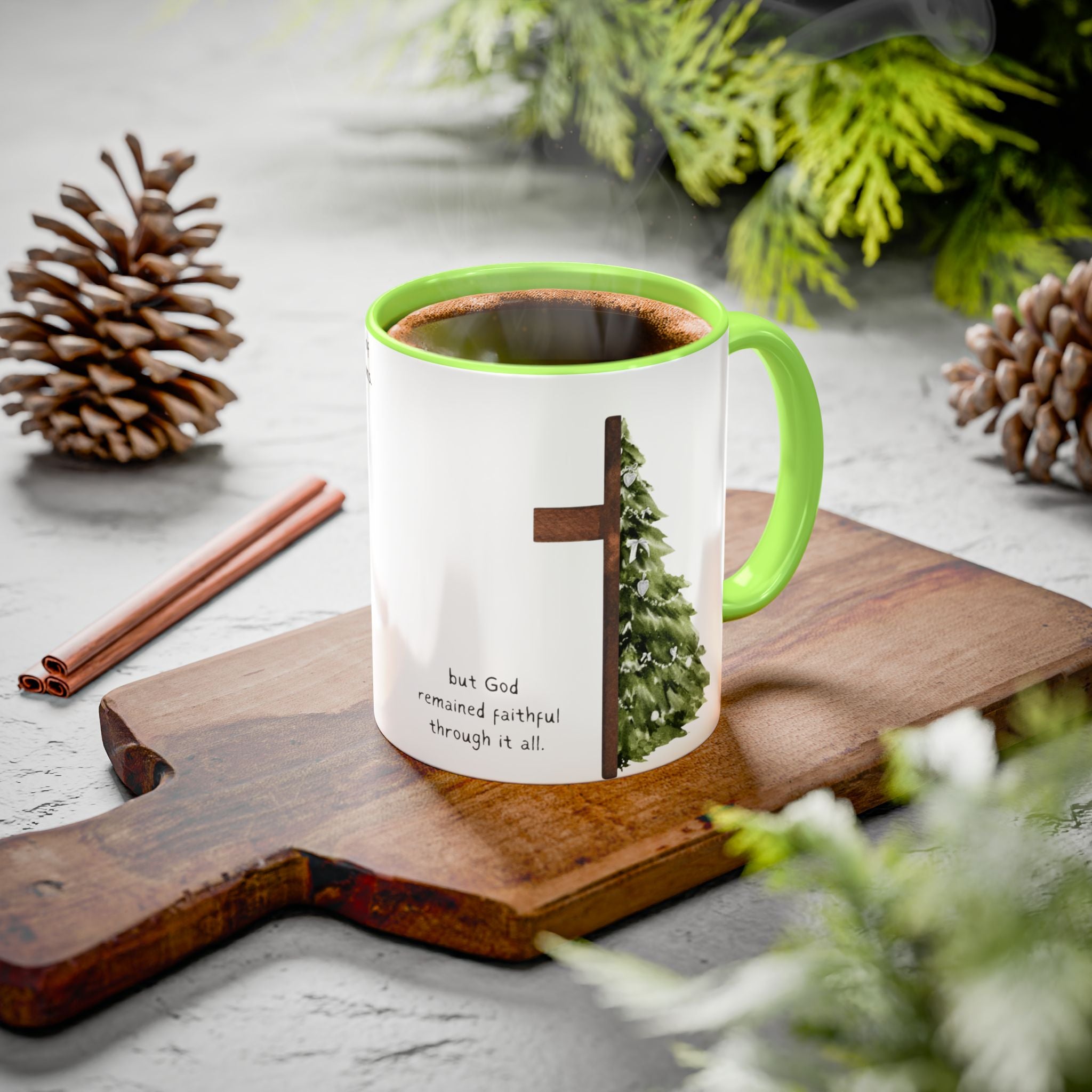 Christian Cross & Pine Tree Mug — Faith Reminder Coffee Cup (11oz/15oz)