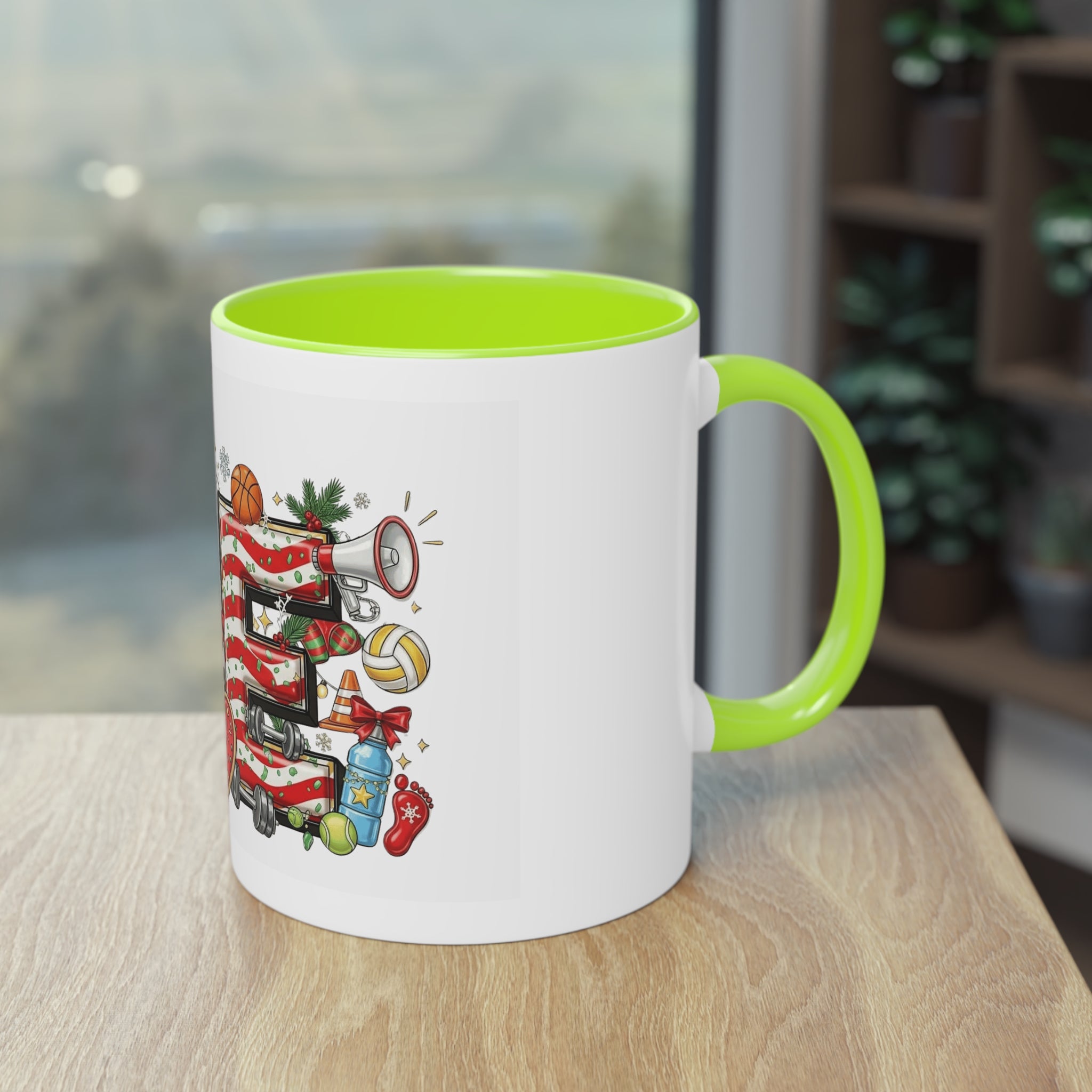 Holiday Sports Mom Coffee Mug Festive 'PE' Candy-Stripe Design, 11oz Two-Tone School Staff Christmas Mug Collection,