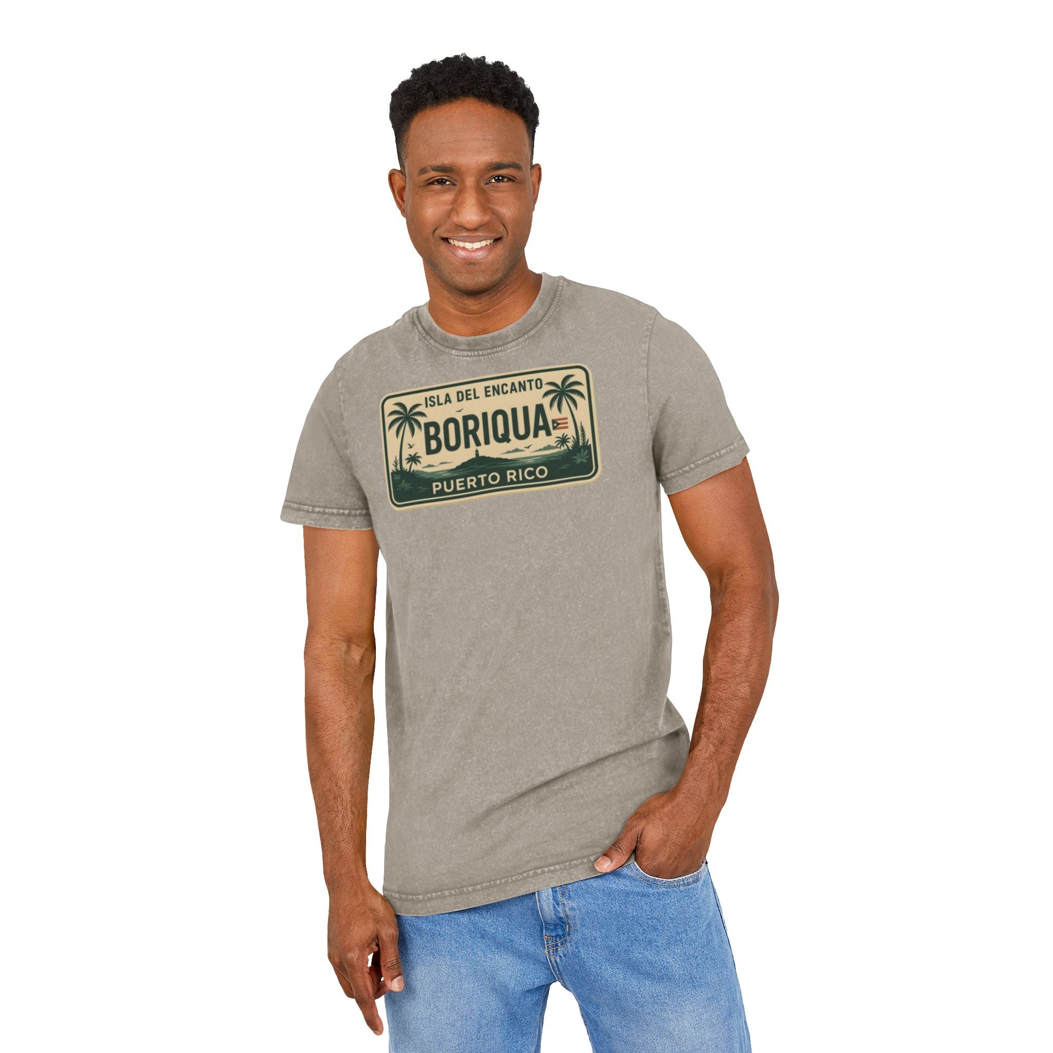 Boriqua Puerto Rico Vintage Acid-Wash Tee  Isla del Encanto License Plate Design