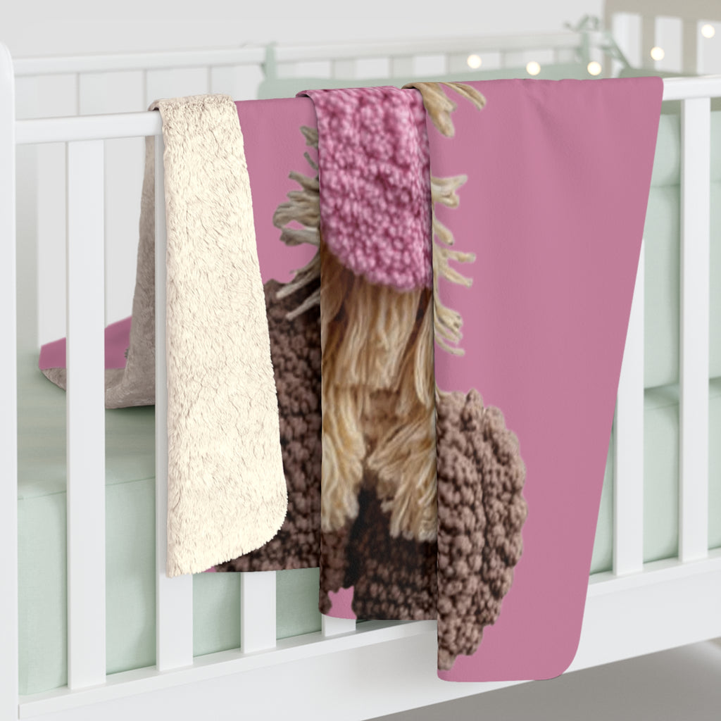 Santa’s Little Snuggle Blanket Cute Highland Cow Sherpa Blanket  Pink Knit Hat & Sunglasses Plush Throw