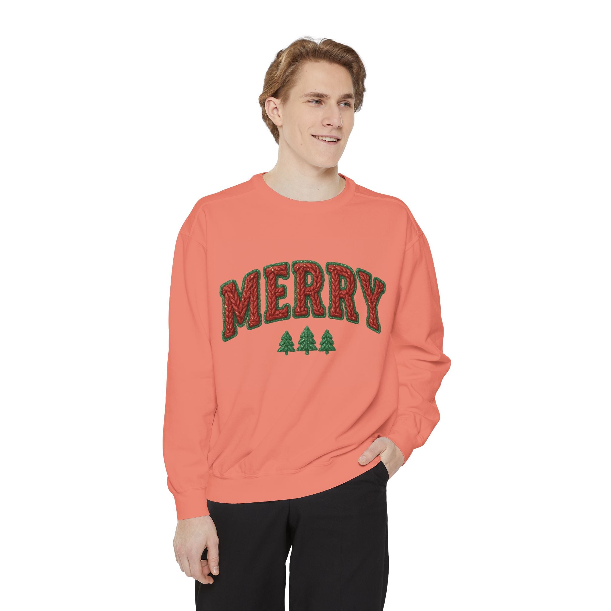 Merry Holiday Sweatshirt — Cozy Christmas Pullover with Tree Graphics Festive Holiday Designs