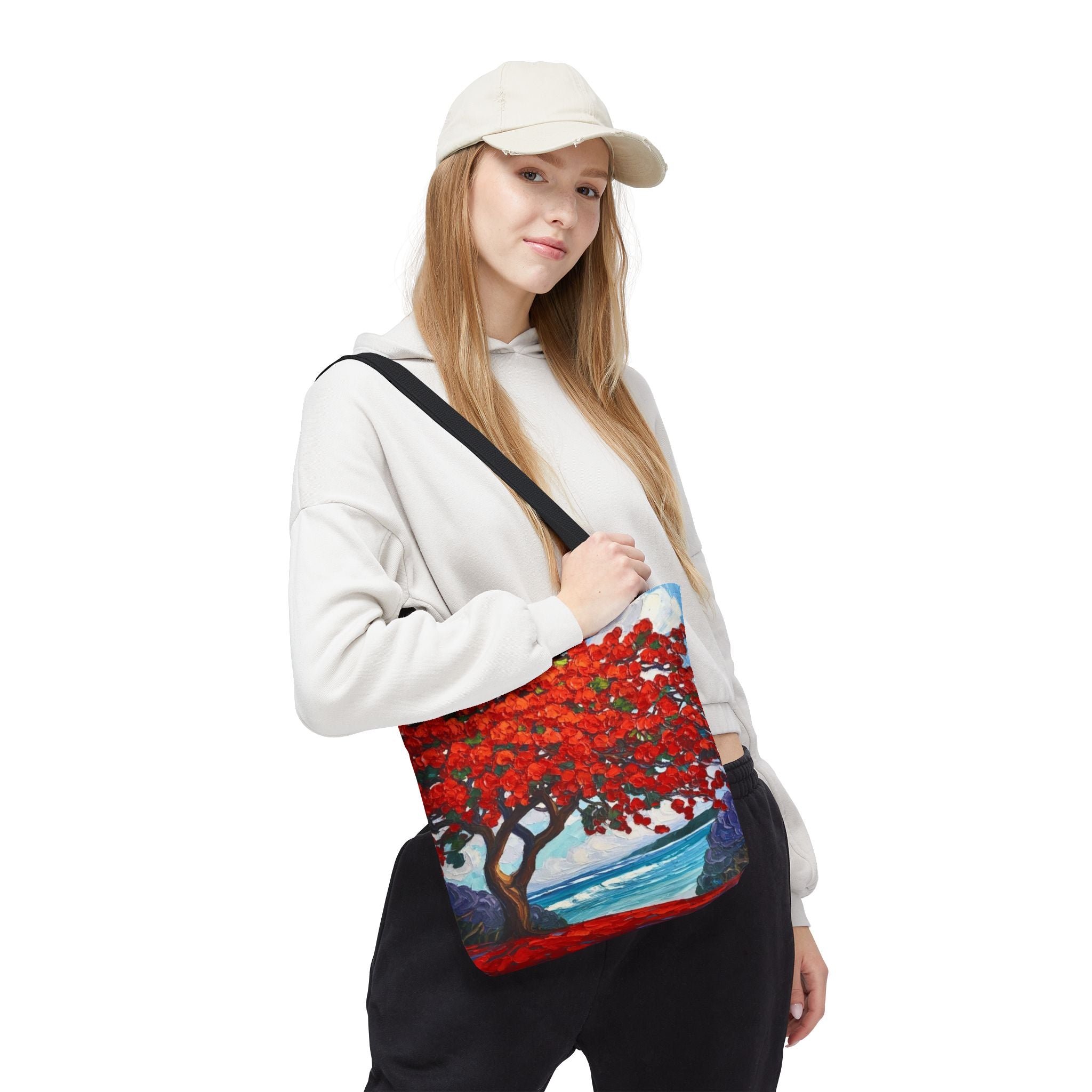Red Blossom Beach Tote - Tropical Tree Art All-Over Print Tote Bag Crochet-Decorated Tote Bags