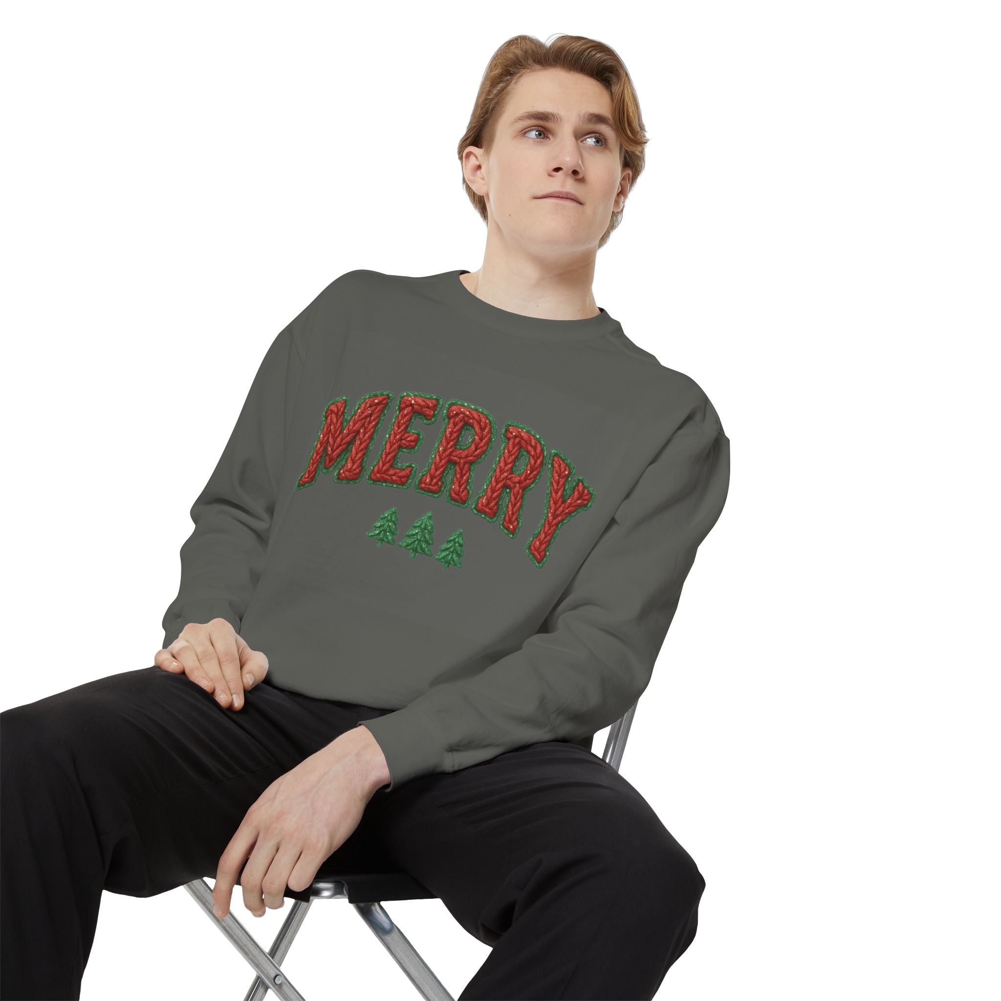 Merry Holiday Sweatshirt — Cozy Christmas Pullover with Tree Graphics Festive Holiday Designs