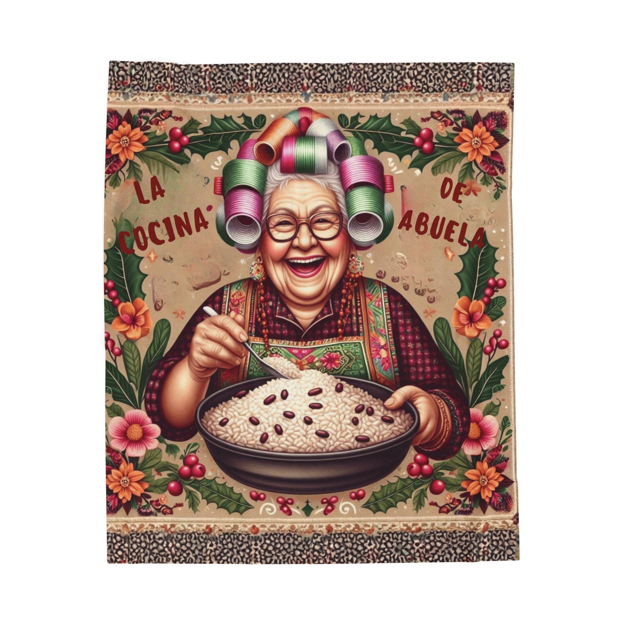 Grandma’s Cocina Velveteen Plush Blanket —Abuela Cooking Illustration Throw