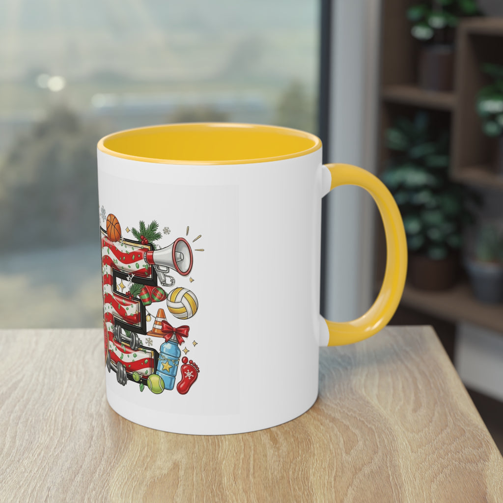Holiday Sports Mom Coffee Mug Festive 'PE' Candy-Stripe Design, 11oz Two-Tone School Staff Christmas Mug Collection,