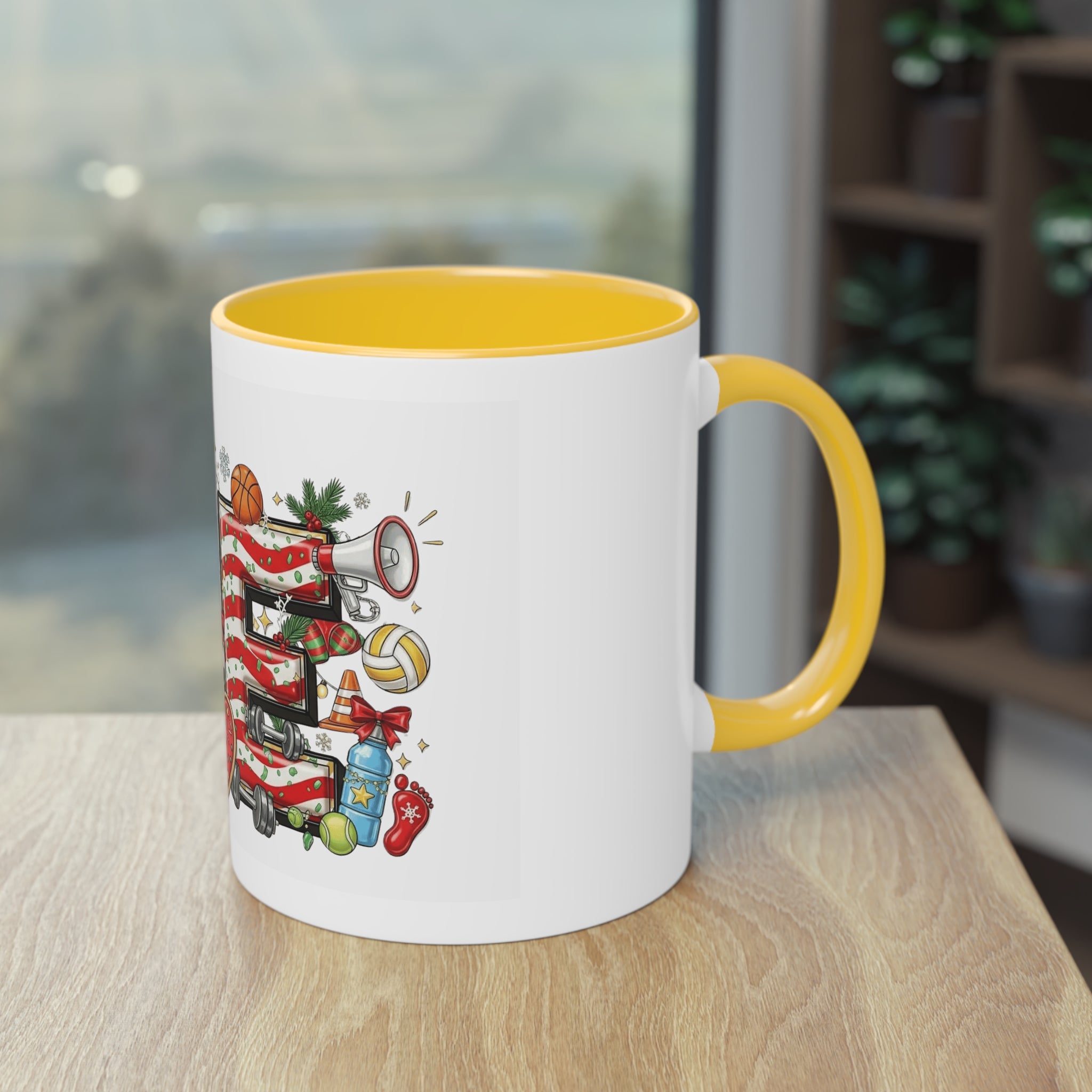 Holiday Sports Mom Coffee Mug Festive 'PE' Candy-Stripe Design, 11oz Two-Tone School Staff Christmas Mug Collection,