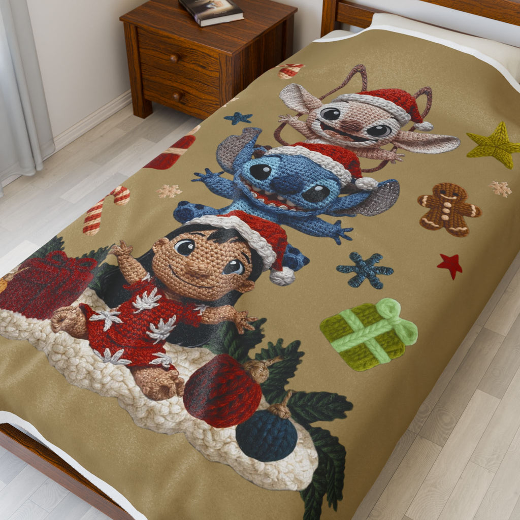 Winter Wonderland Cartoon Fleece Blanket Holiday Character Stack Velveteen Blanket Cute Christmas Stitch, Elf & Reindeer Plush Design
