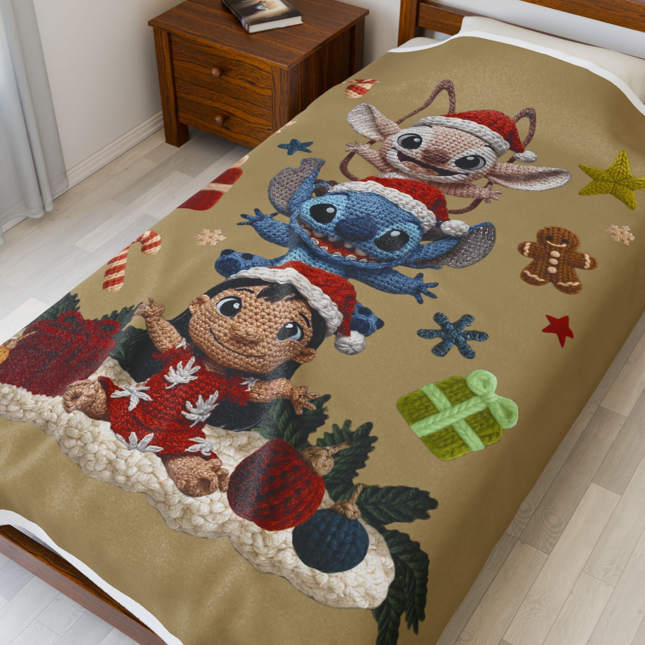 Winter Wonderland Cartoon Fleece Blanket Holiday Character Stack Velveteen Blanket Cute Christmas Stitch, Elf & Reindeer Plush Design