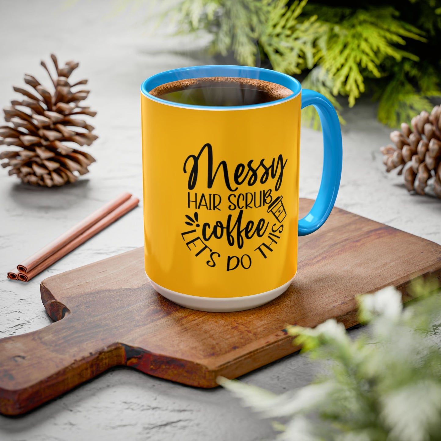 Holiday Coffee Cups with Festive Quotes & Designs Messy Hair Coffee Mug - Fun Yellow Ceramic Cup for Coffee Lovers