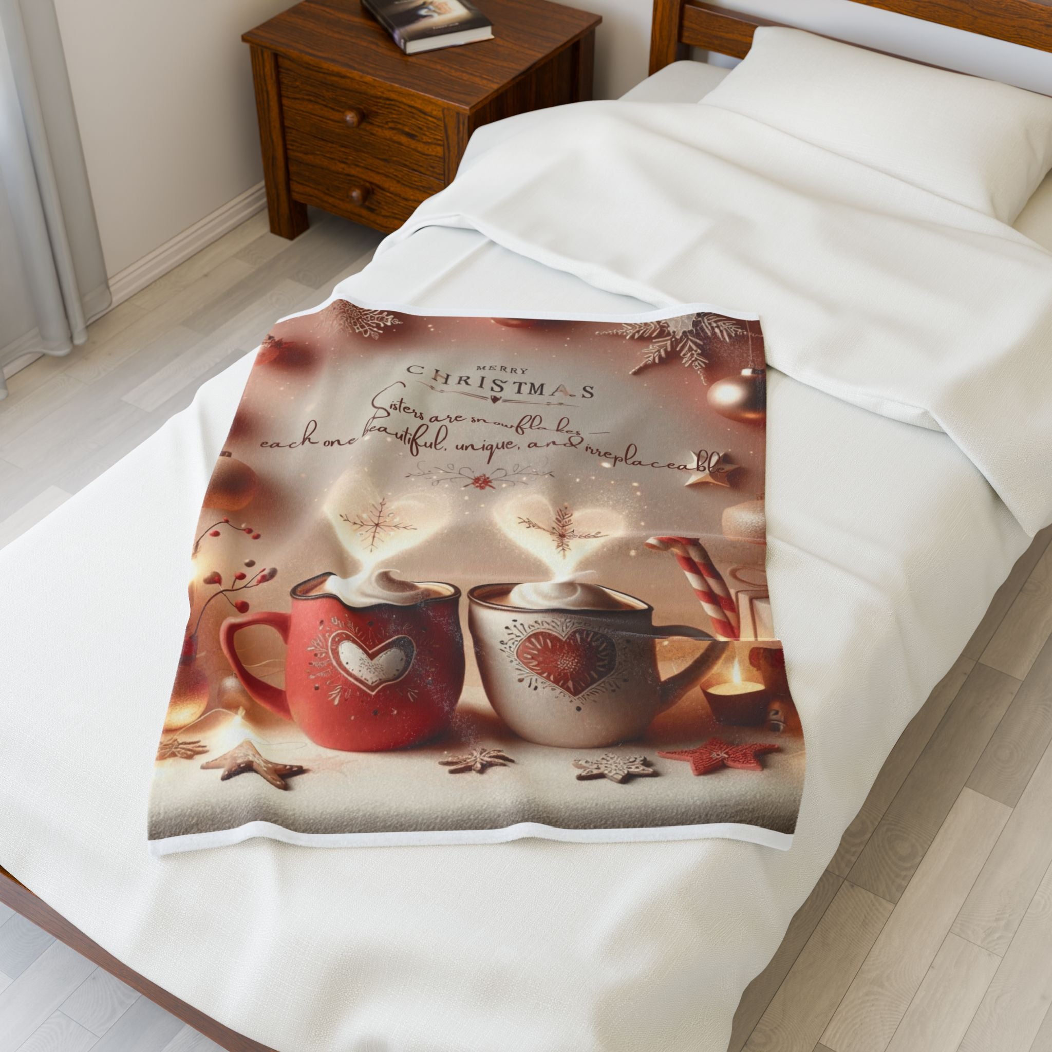 Christmas Hot Cocoa Velveteen Plush Blanket — "Merry Christmas: Sisters are snowflakes" Holiday Throw