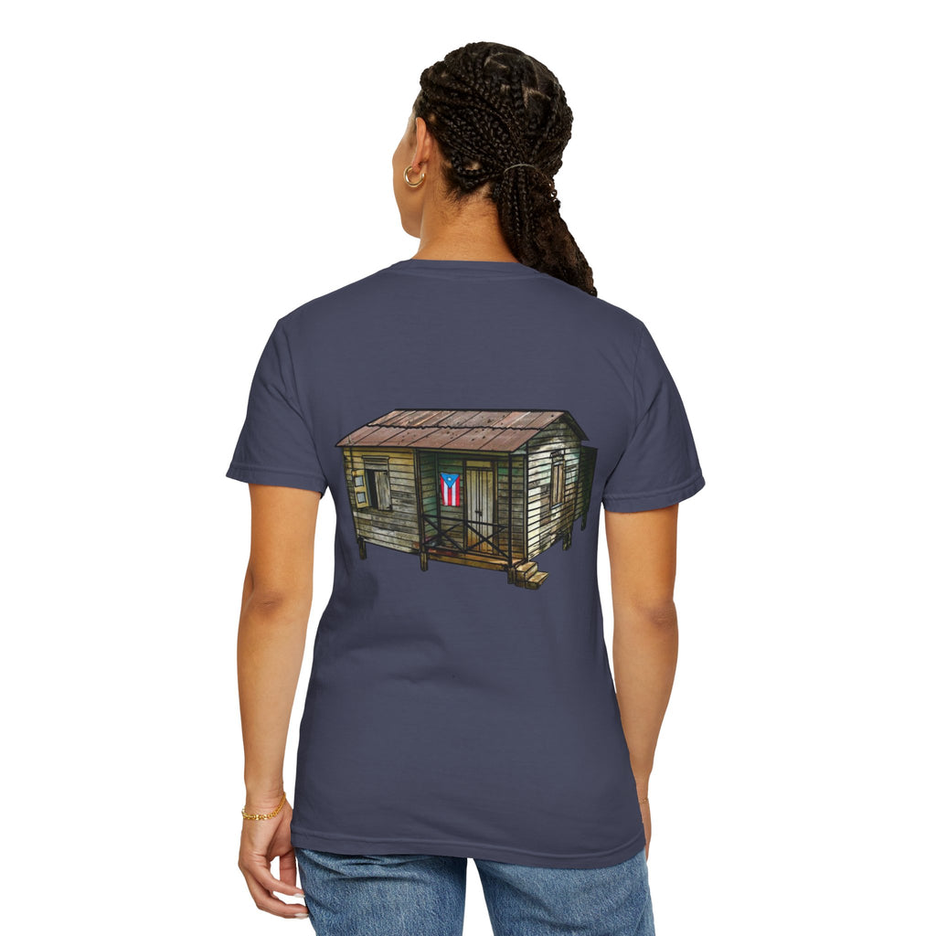 Puerto Rican Batey Cabin T-Shirt  Three Masks & Rustic House Graphic Tee Puerto Rico Navidades