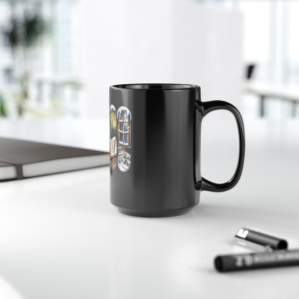 Winter Wonderland 15oz Black Mug — Cozy Fireplace & Reading Scene