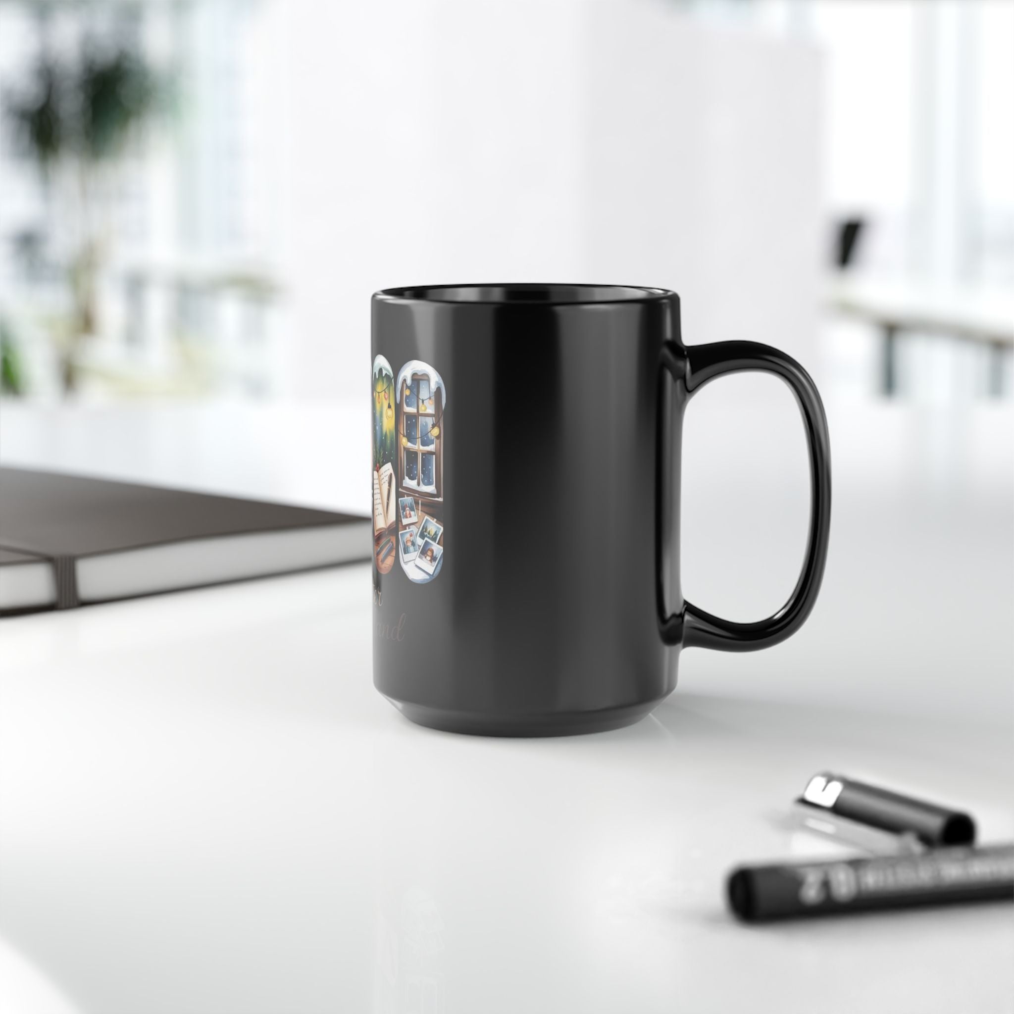 Winter Wonderland 15oz Black Mug — Cozy Fireplace & Reading Scene