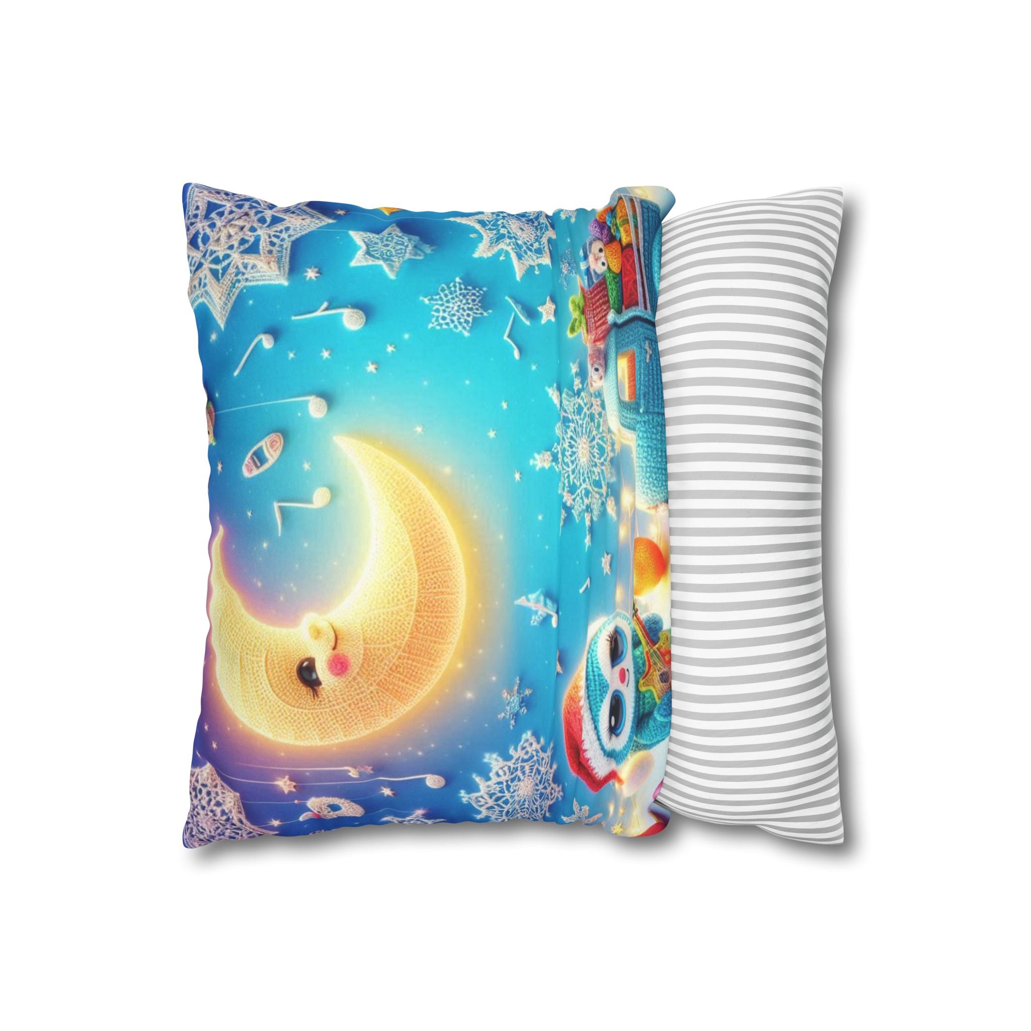 Whimsical Moon & Penguin Holiday Pillowcase  Faux Suede Square Throw Pillow