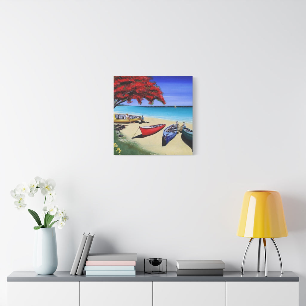Beach Canoes Canvas Wall Art Tropical Seaside Landscape Matte Stretched Canvas