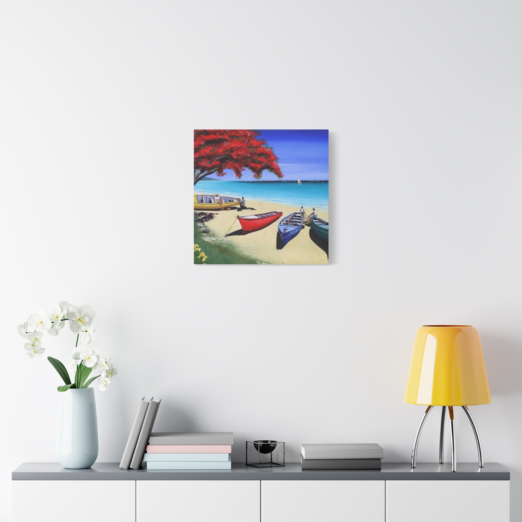 Beach Canoes Canvas Wall Art Tropical Seaside Landscape Matte Stretched Canvas