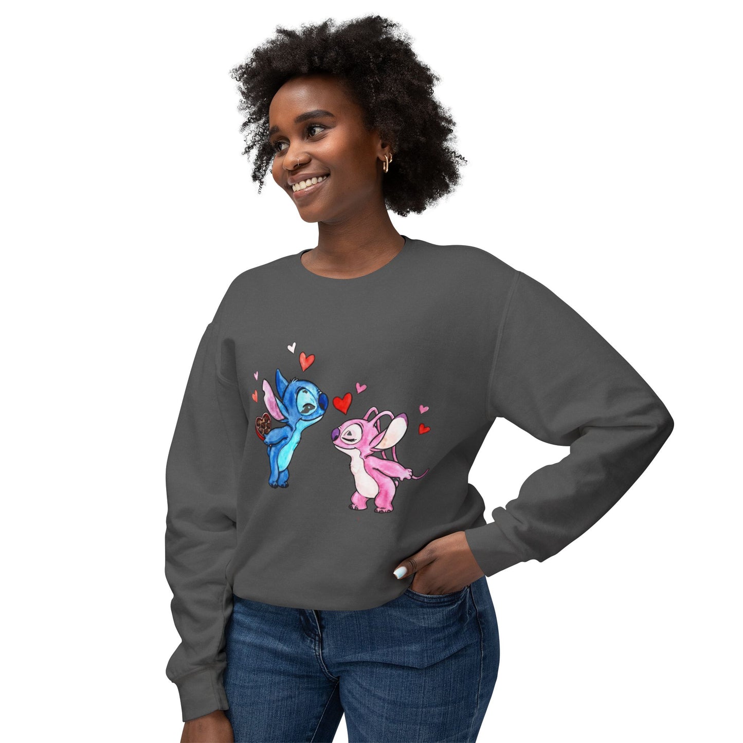 Cute Stitch Valentine Sweatshirt — Blue & Pink Love Characters with Hearts