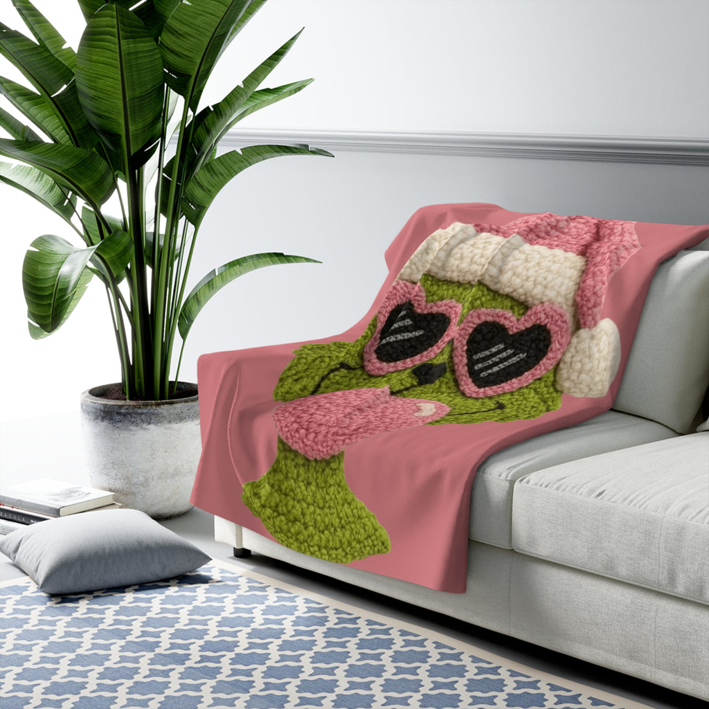 Magical Christmas Cartoon Blanket Grinch-Inspired Sherpa Fleece Blanket Cozy Holiday Plush Throw with Heart Sunglasses Design