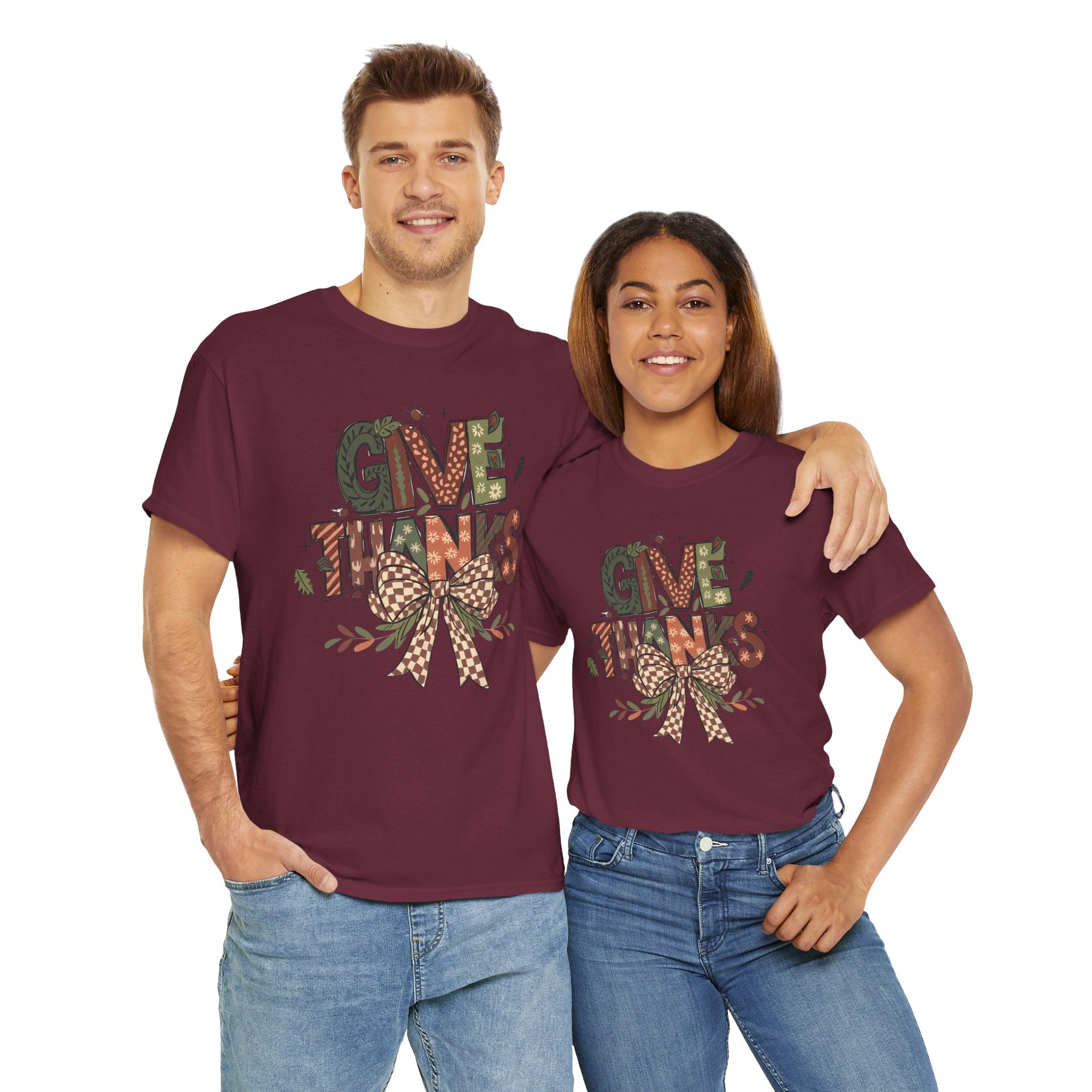 Give Thanks Tee Thanksgiving Graphic T-Shirt with Rustic Bow Design