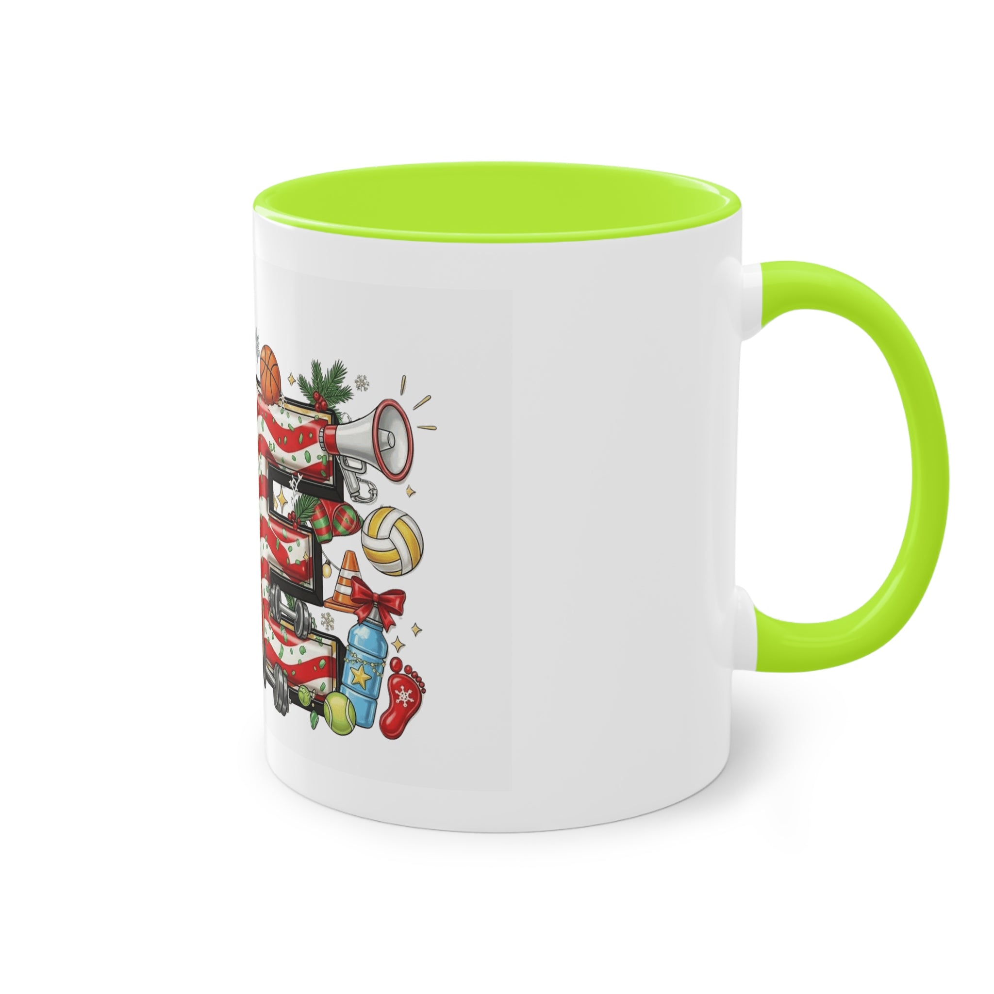 Holiday Sports Mom Coffee Mug Festive 'PE' Candy-Stripe Design, 11oz Two-Tone School Staff Christmas Mug Collection,
