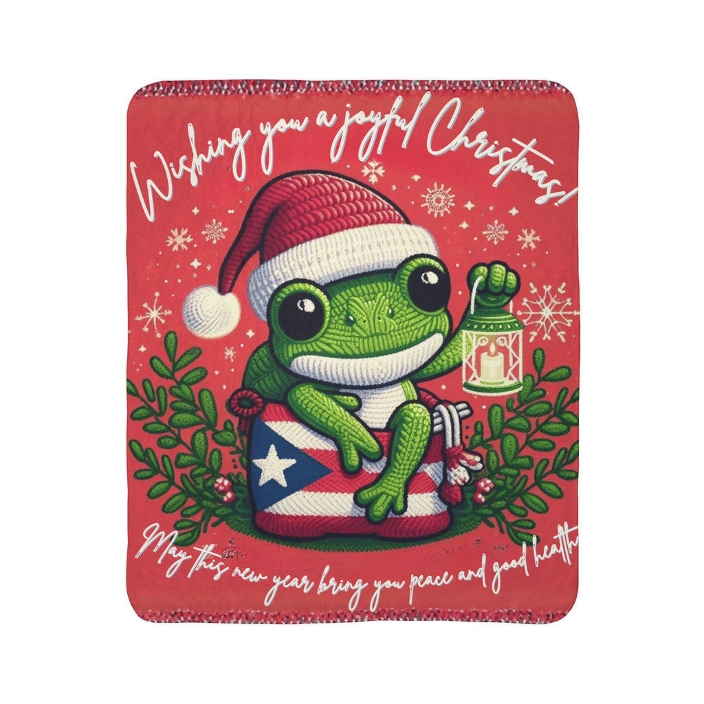 Puerto Rico Design Blanket Christmas Frog Sherpa Blanket – Holiday Cozy Throw with 'Wishing You a Joyful Christmas' Design