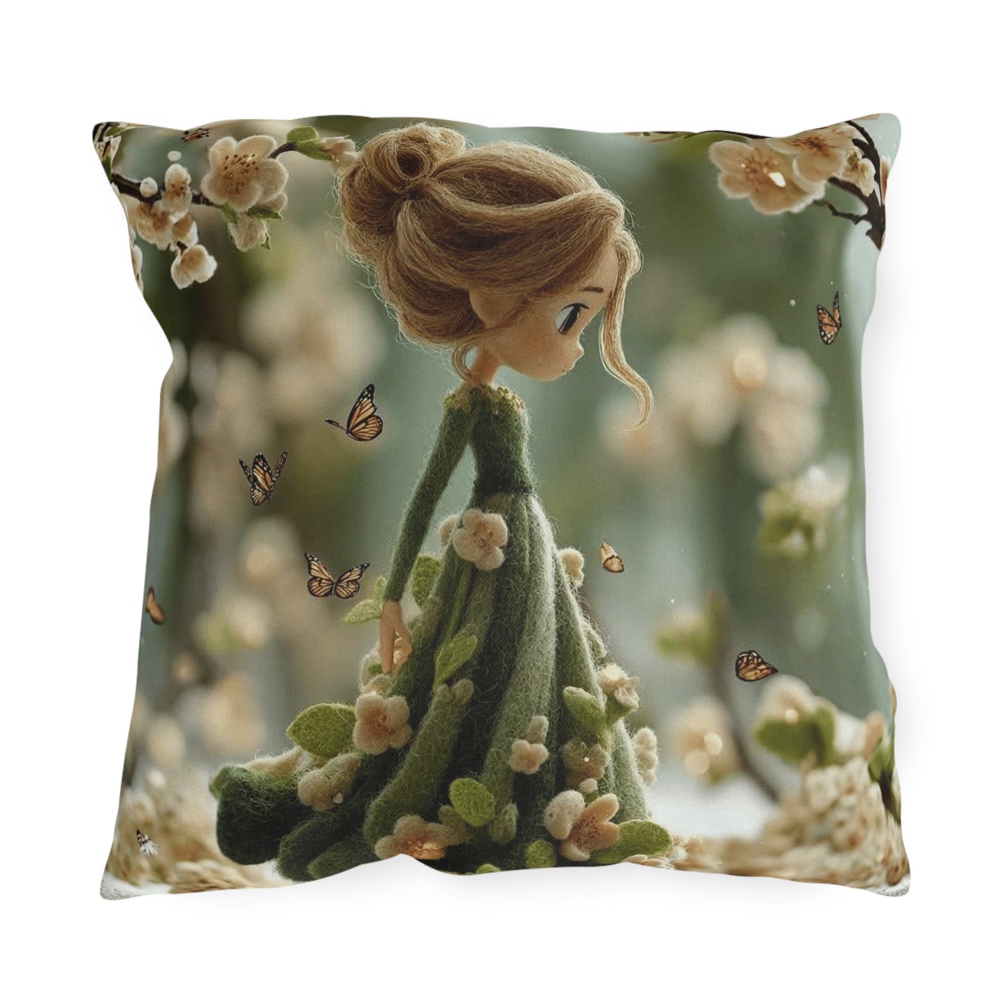 Spring Fairy Outdoor Pillow — Whimsical Girl with Butterflies Garden Decor