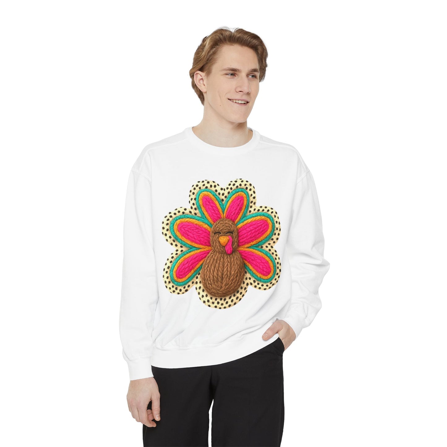 Festive Holiday Designs Turkey Patch Sweatshirt — Colorful Embroidered Thanksgiving Pullover