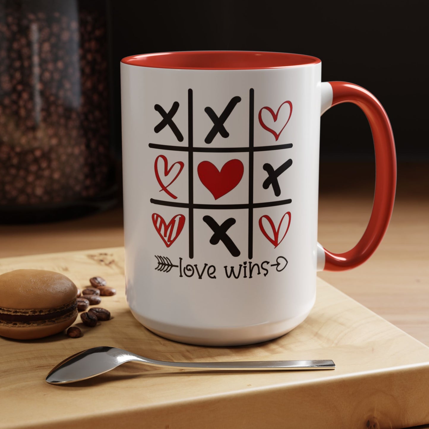 Love Wins Tic-Tac-Toe Heart Accent Coffee Mug — Romantic Valentine 11/15oz