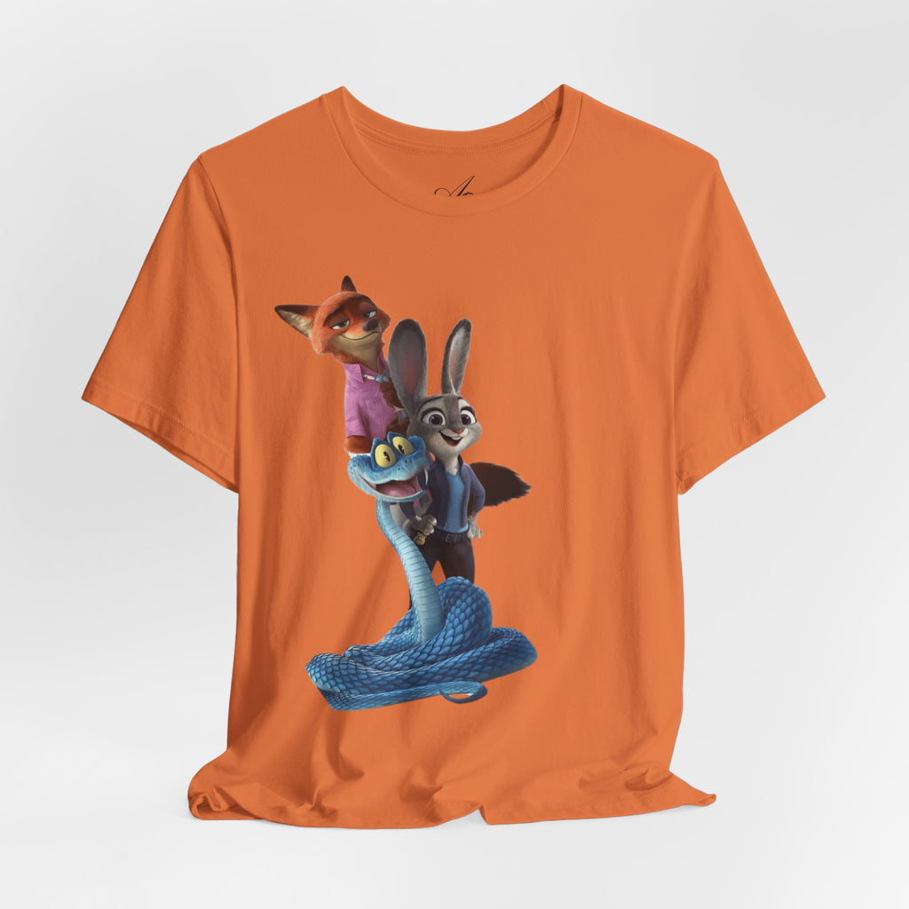 Animated Character Tee — Cute Fox & Bunny Stack Graphic T-Shirt  cartoon-style Christmas artwork