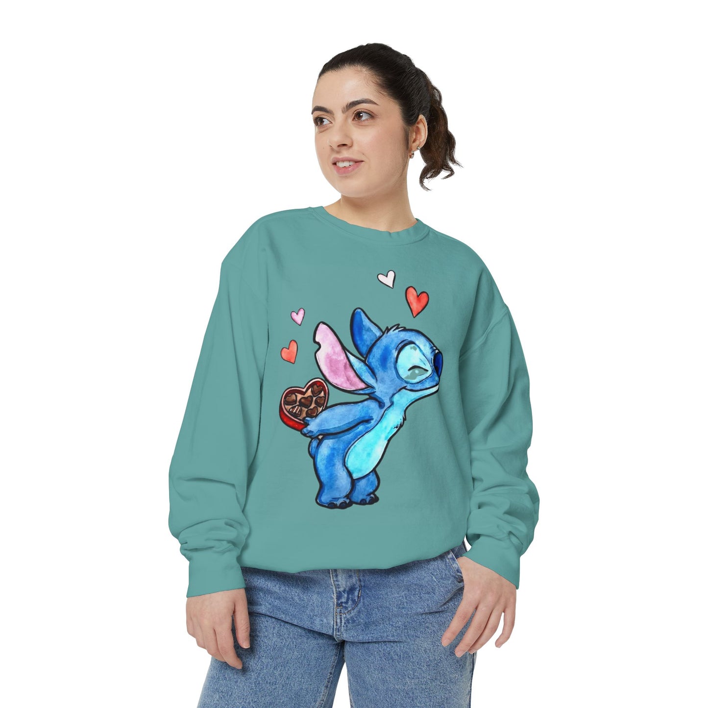 Stitch Valentine Sweatshirt — Cute Blue Alien with Hearts & Chocolate Pocket
