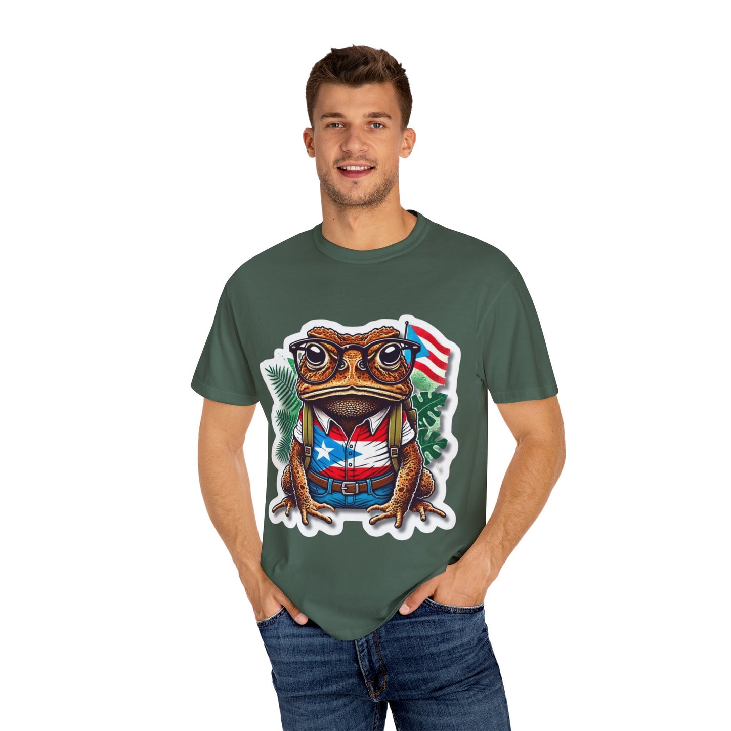 Puerto rico Patriotic Frog T-Shirt, Unisex Garment-Dyed Tee for Nature Lovers, Summer Parties, Luce tu orgullo puertorriqueño con estilo PR