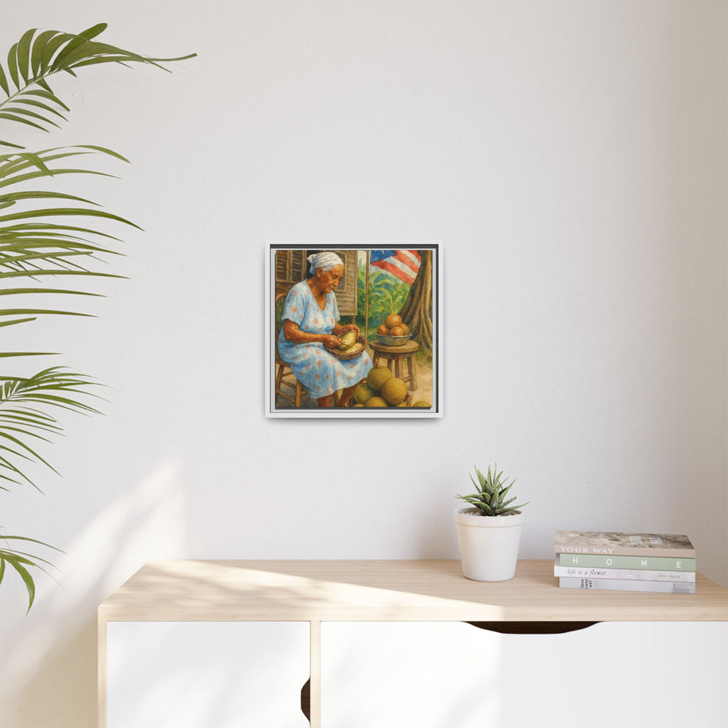 Cultural & Story-Driven These Puerto Rico inspired  Framed Matte Canvas Print  Woman Shelling Fruit Vintage Tropical Painting