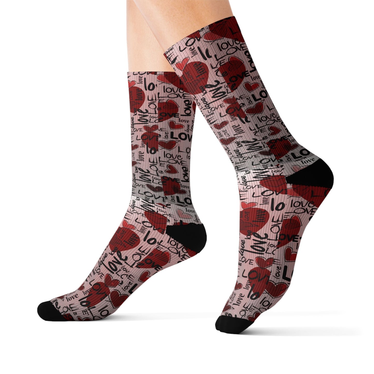 Valentine Heart Sublimation Socks – I Love You Pattern, Red Rose & Script Crew Socks