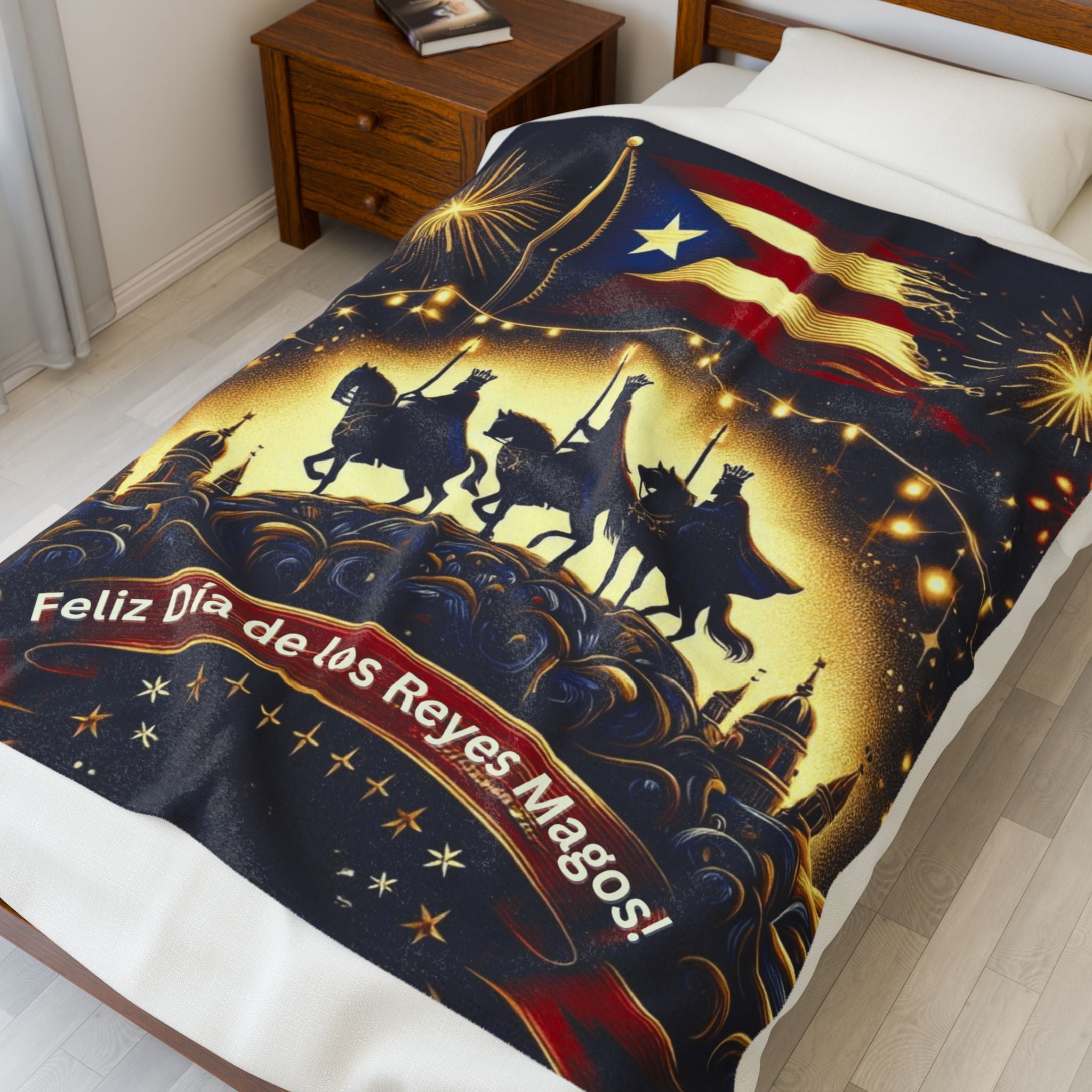 Velveteen Plush Blanket  Feliz Día de los Reyes Magos Puerto Rico Flag Holiday Throw