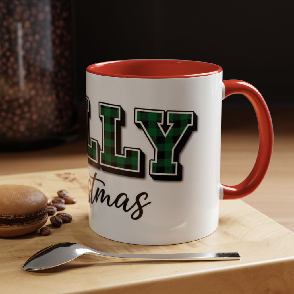 Holly Christmas Accent Coffee Mug — Green Plaid Holiday Gift (11/15oz)