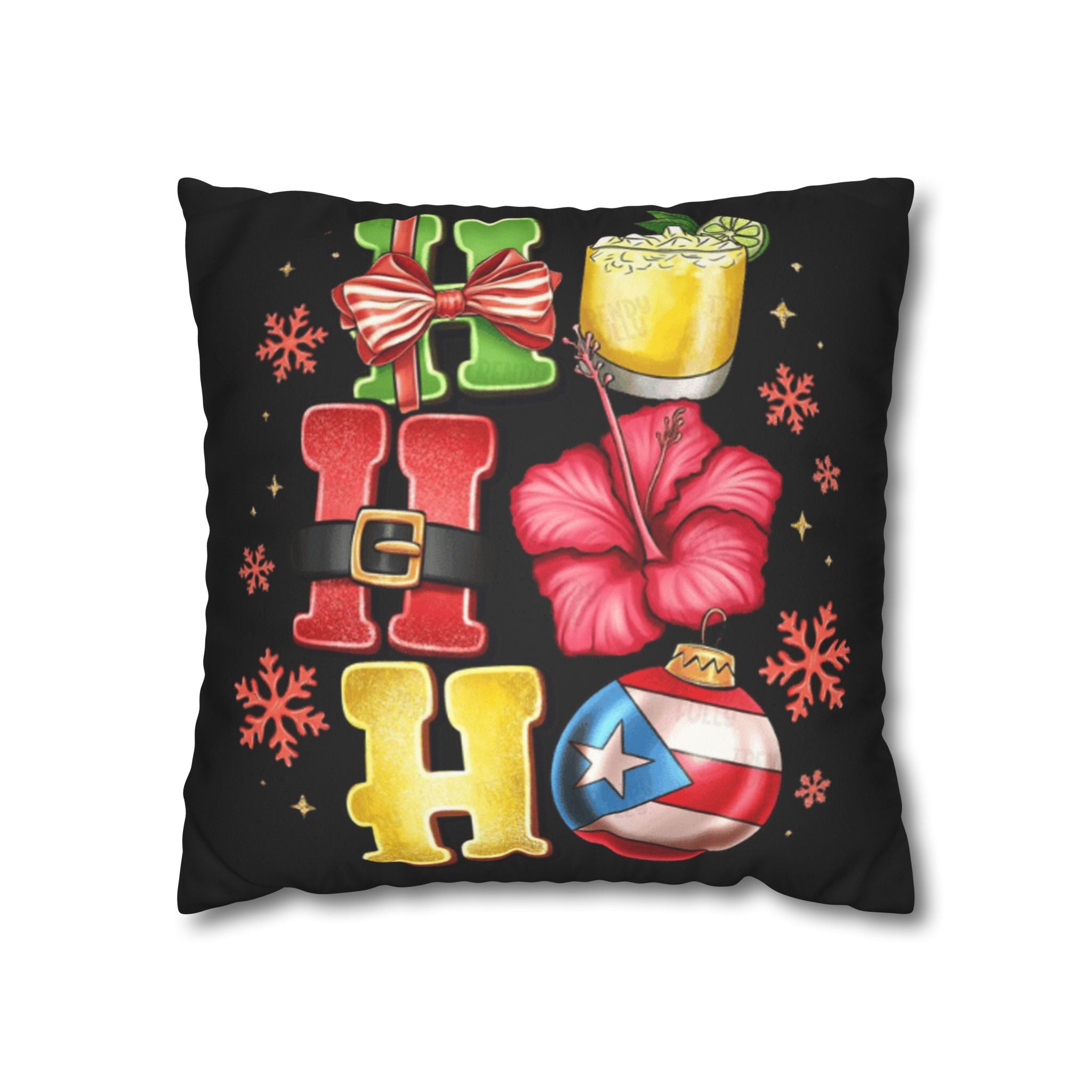 Holiday HOHO Pillow Cover  Puerto Rico Ornament, Hibiscus & Coquito Christmas Throw Pillowcase