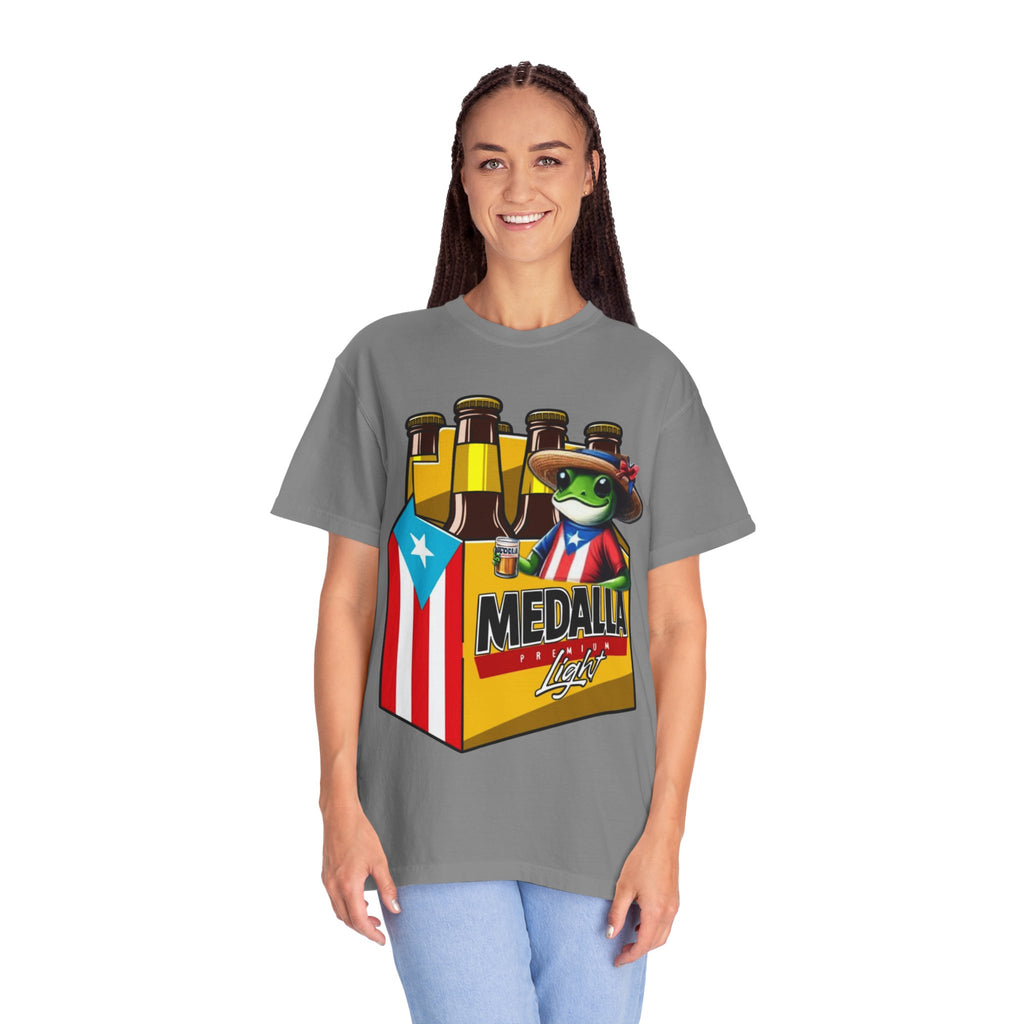Medalla Light Puerto Rican Beer T-Shirt Coqui Frog Mascot Six-Pack Graphic Tee Puerto Rico’s Navidades